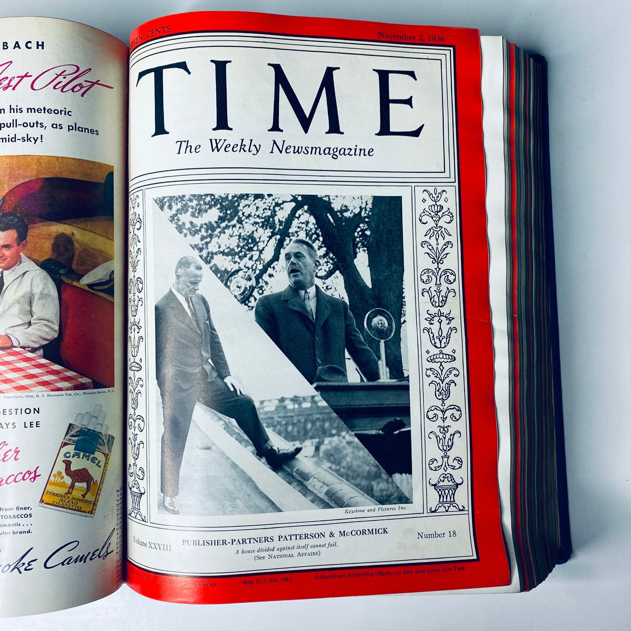 Cover of Time Magazine dated November 2, 1936, depicting Publishers-Partners Patterson & McCormick, part of the Library Bound Volume XXVIII.