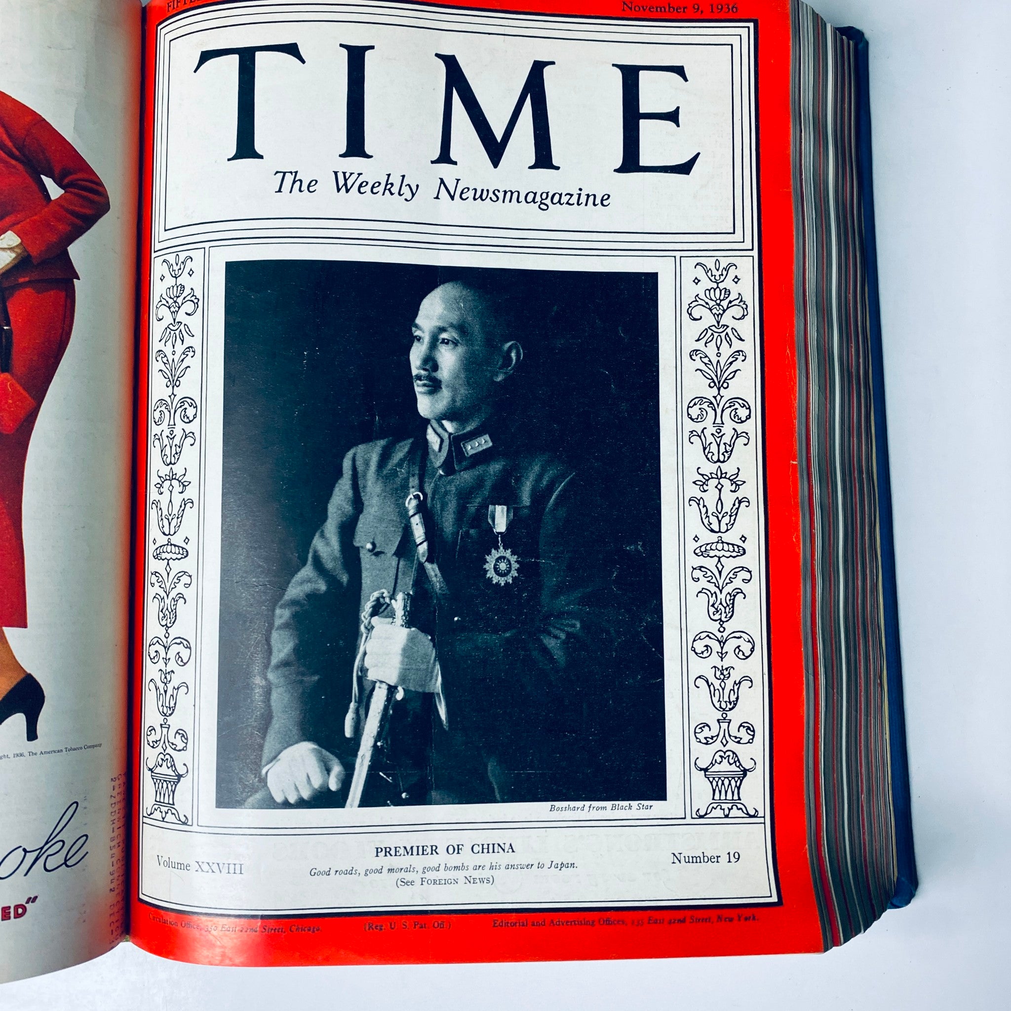 Time Library Bound Magazine featuring 'Premier of China' cover story, November 9, 1936, showcasing a portrait of Chinese Premier with a military background.