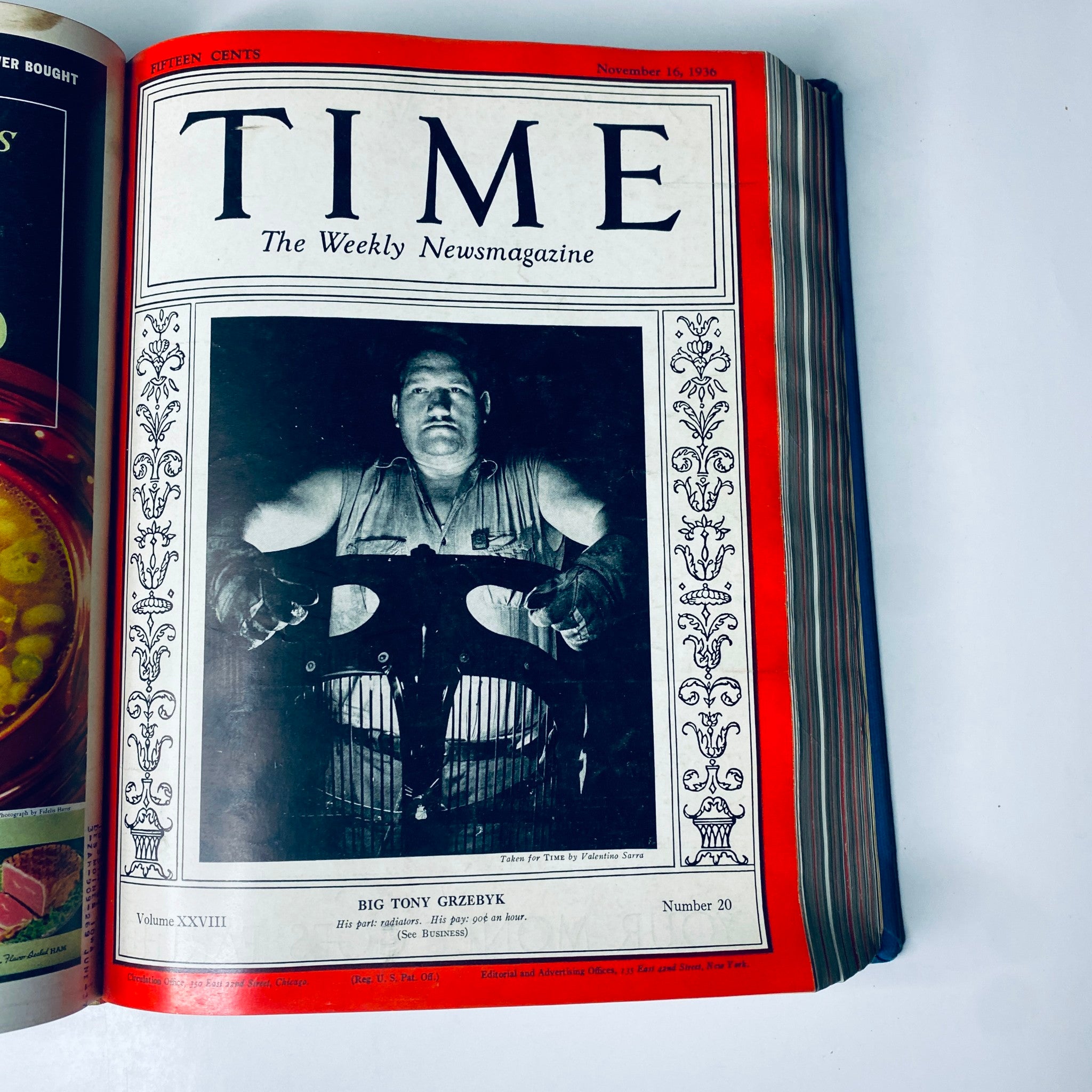 Time Library Bound Magazine featuring 'Big Tony Grzebyk' cover story, November 16, 1936, highlighting the industrial and business portrait of Tony Grzebyk.
