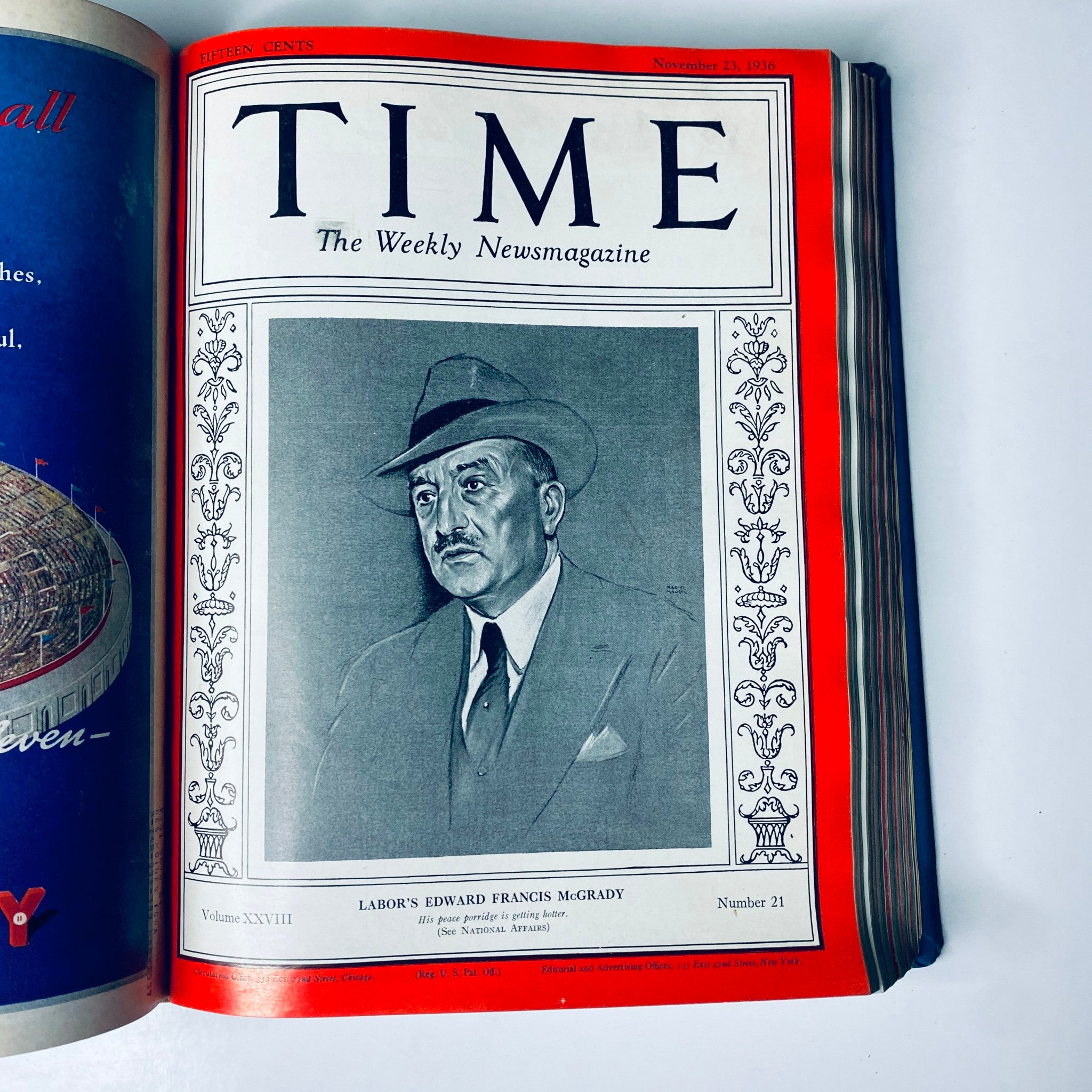 Time Library Bound Magazine featuring 'Labor's Edward Francis McGrady' cover story, November 23, 1936, illustrating a formal portrait of labor leader Edward Francis McGrady.