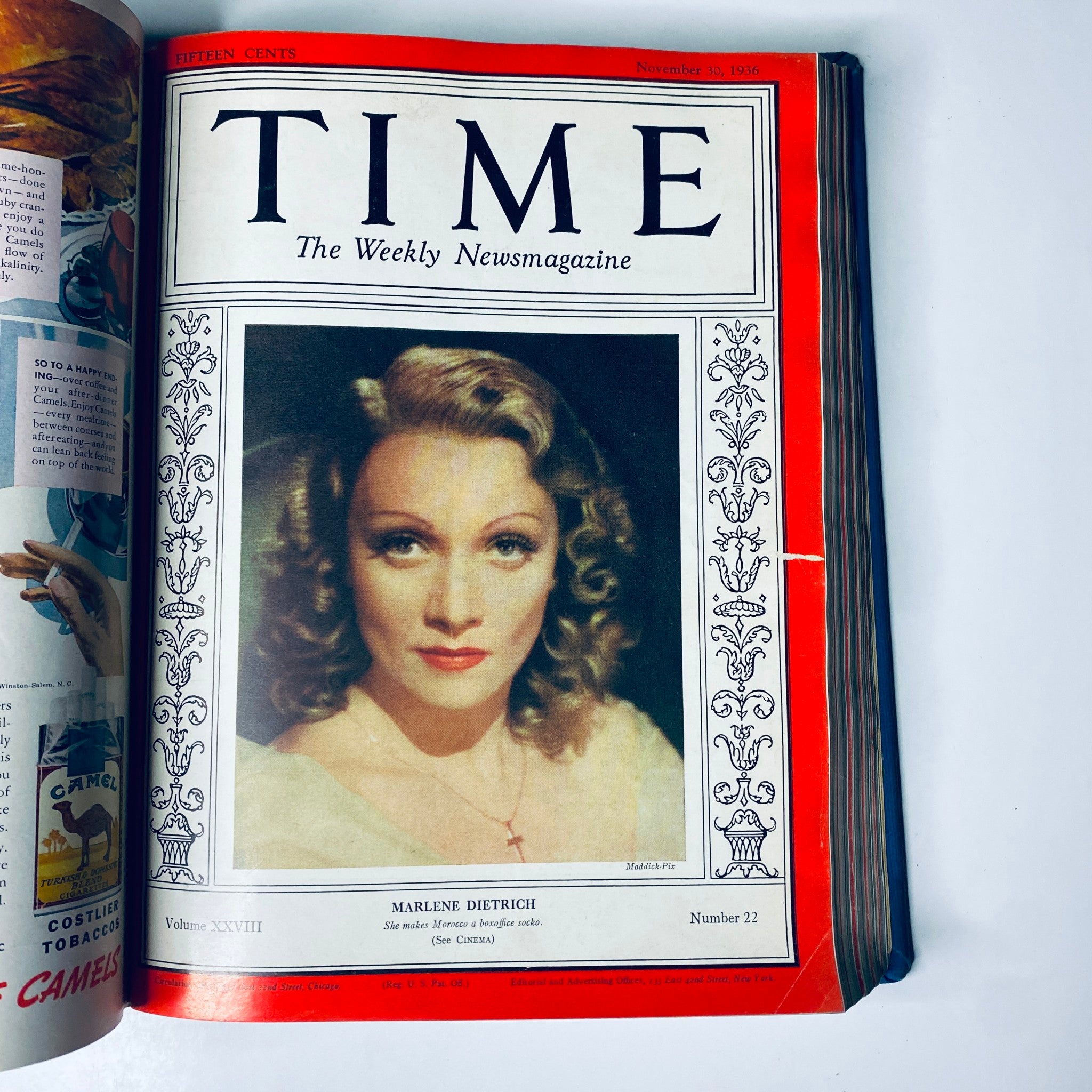 Time Library Bound Magazine featuring 'Marlene Dietrich' cover story, November 30, 1936, showcasing a glamorous portrait of the famous actress Marlene Dietrich.