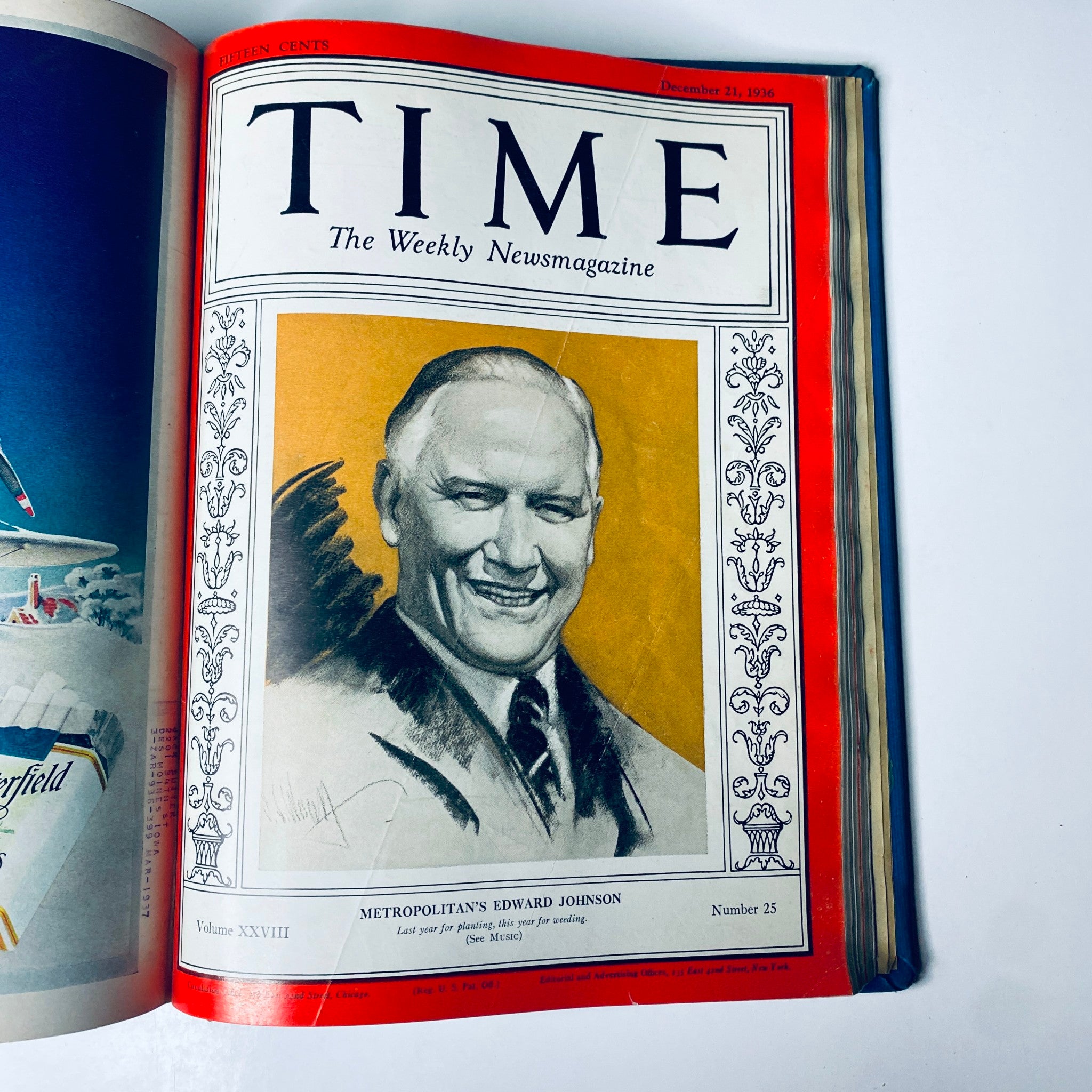Cover of Time Magazine from December 21, 1936 featuring a portrait of Metropolitan's Edward Johnson, part of the collection Time Magazine Library Bound October 5-December 28 1936 Lou Gehrig Salvador Dali.