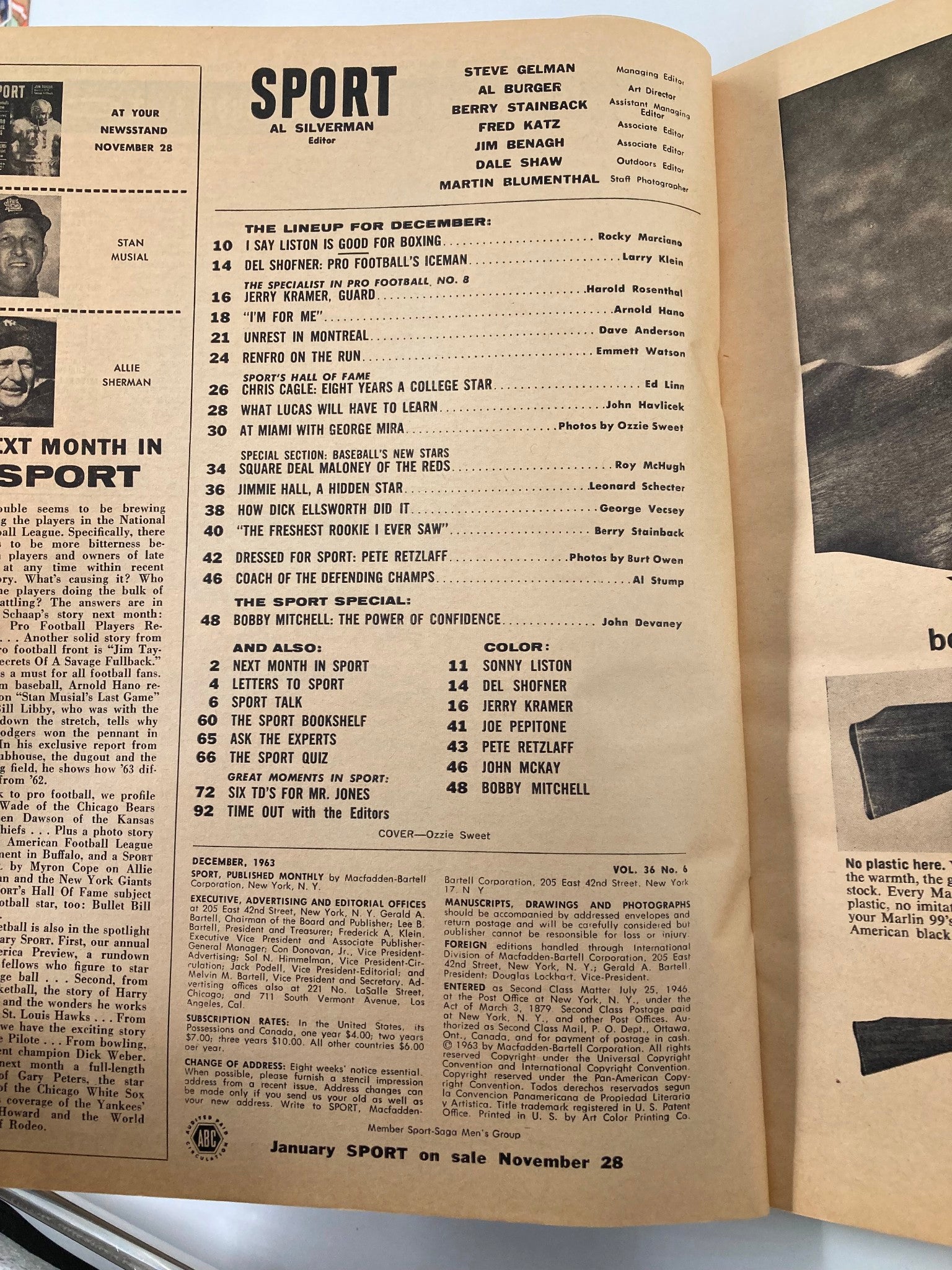 VTG Sport Magazine December 1963 Del Shofner Pro Football's Iceman