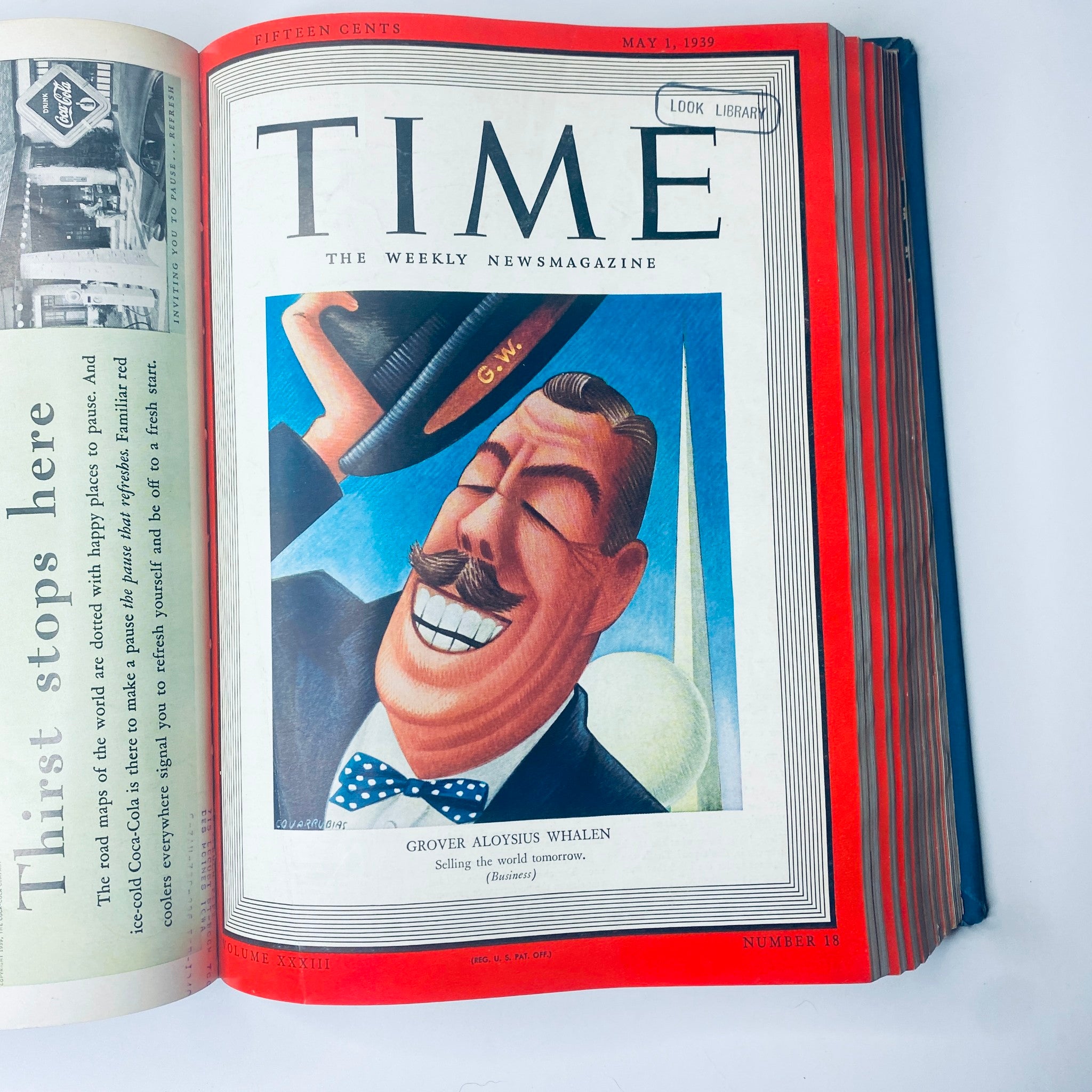 Time Magazine cover from May 1, 1939 featuring Grover Aloysius Whalen, titled 'Time Magazine Library Bound April- June 26, 1939 Hitler’s Heinrich Himmler'. The cover illustrates a cheerful portrait with business themes.