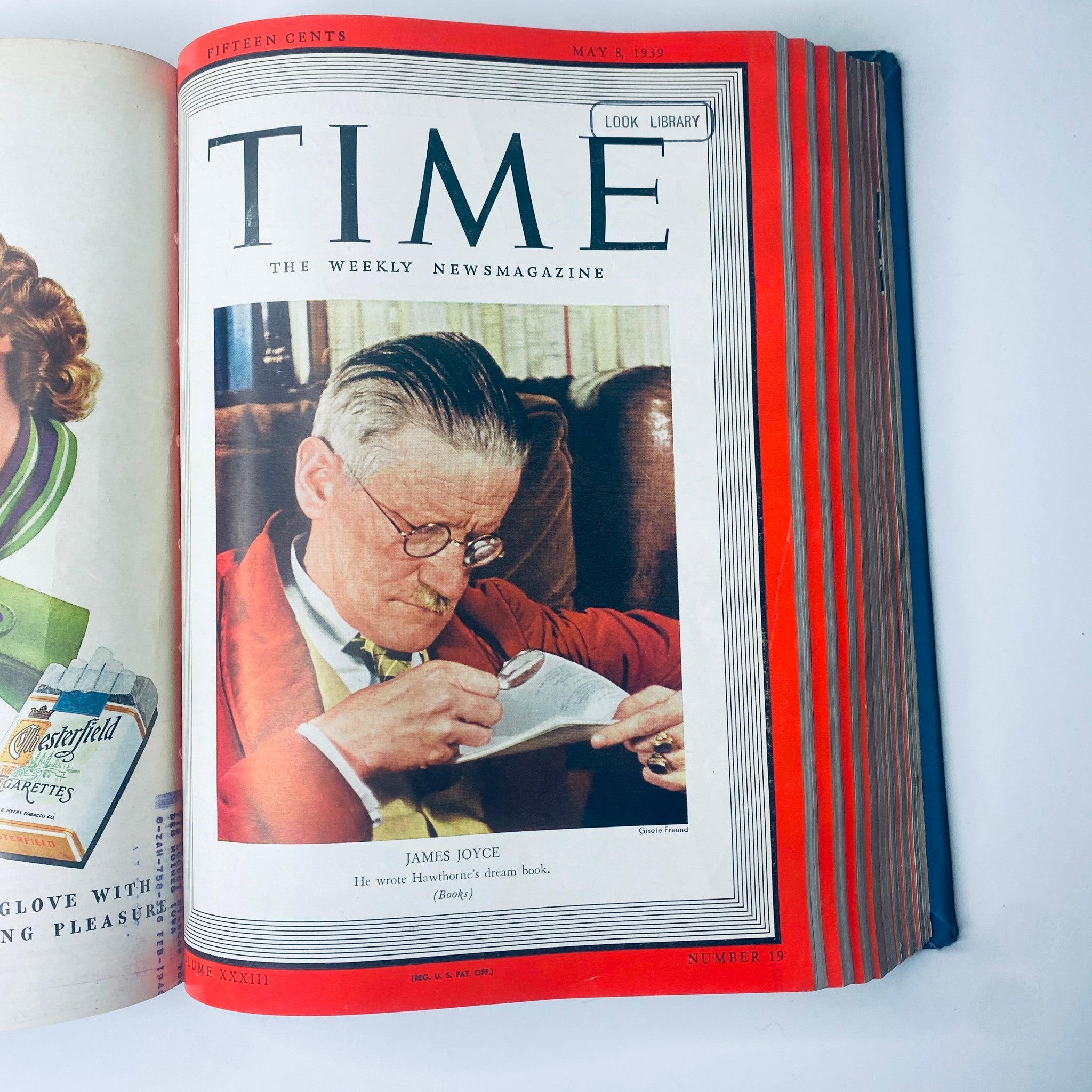 Time Magazine cover from May 8, 1939 featuring James Joyce, titled 'Time Magazine Library Bound April- June 26, 1939 Hitler’s Heinrich Himmler'. The image focuses on his intellectual demeanor, connected to literature.