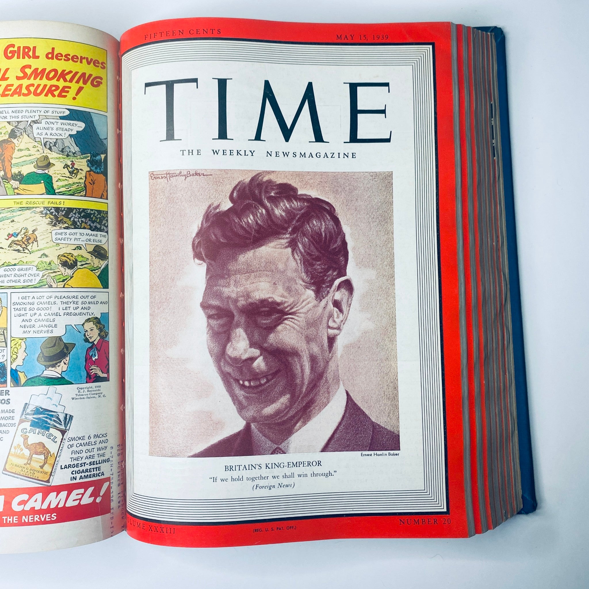 Time Magazine cover featuring Britain’s King-Emperor George VI, dated May 15, 1939, with the quote 'If we hold together we shall win through.' Historical context from the Time Library Bound weekly magazine April-June 1939.