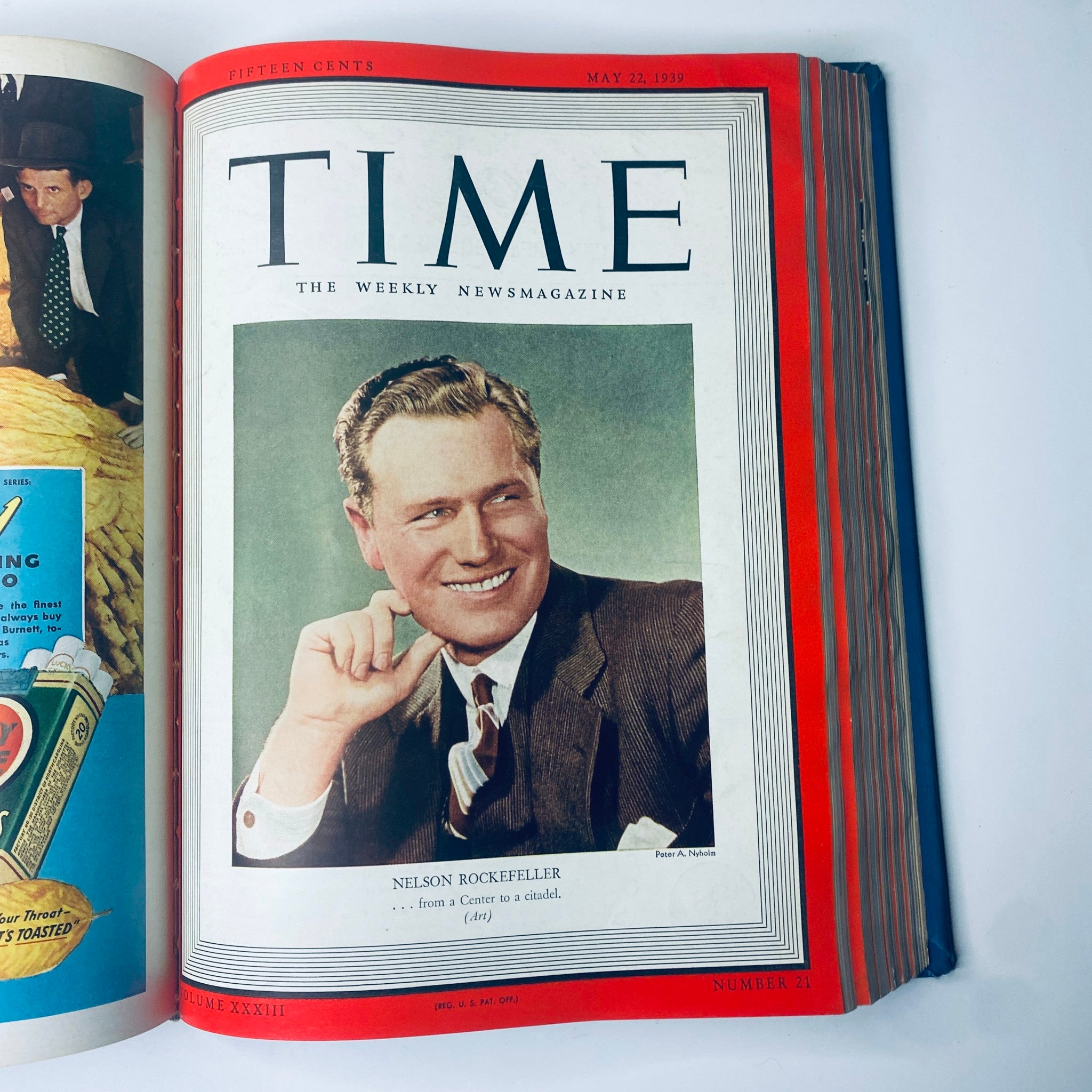 Time Magazine cover showcasing Nelson Rockefeller, published on May 22, 1939, highlighting his influential role and charm. Part of Time Library Bound weekly magazine April-June 1939.