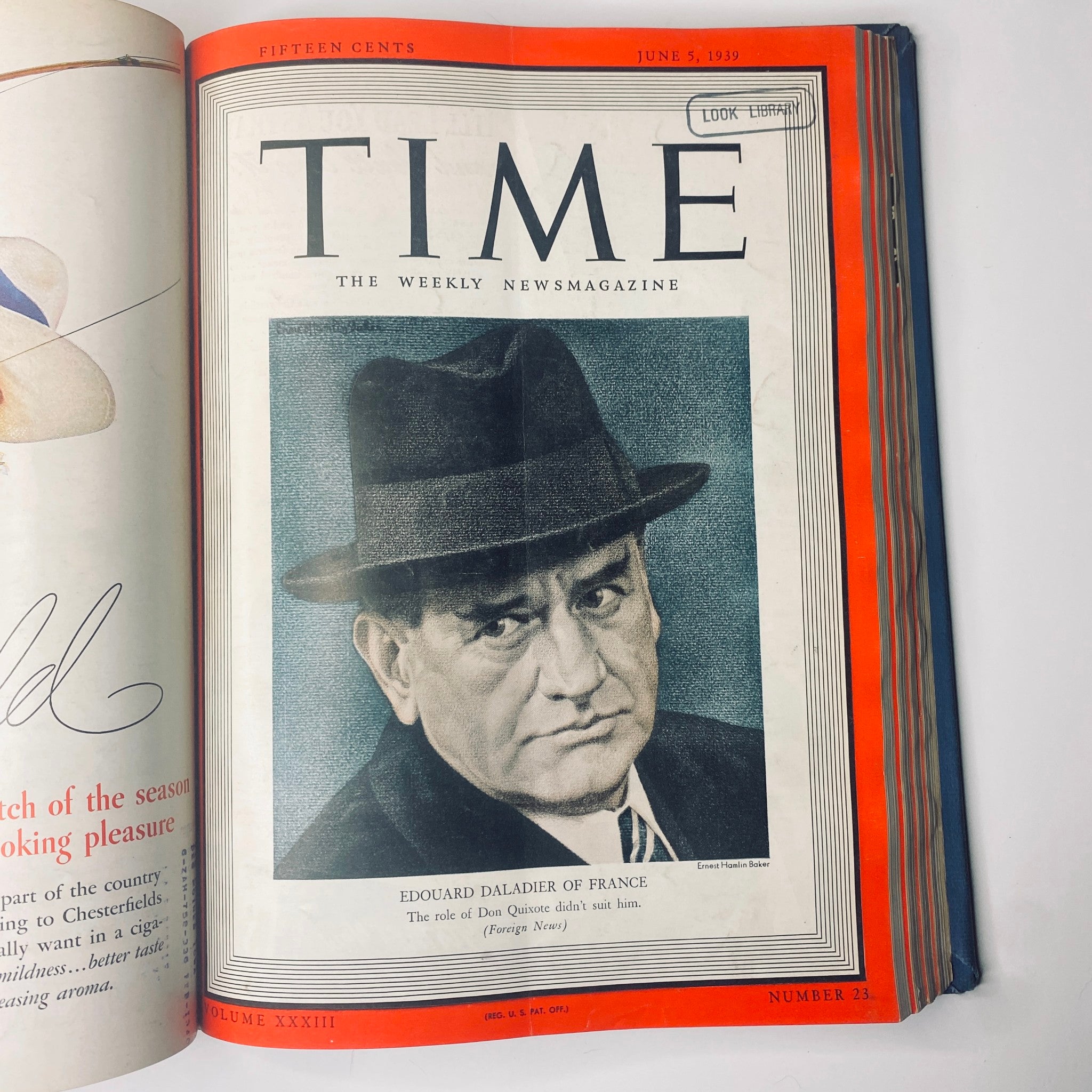 Time Magazine cover featuring Édouard Daladier of France on June 5, 1939, focusing on his political stance. From the Time Library Bound weekly magazine April-June 1939.