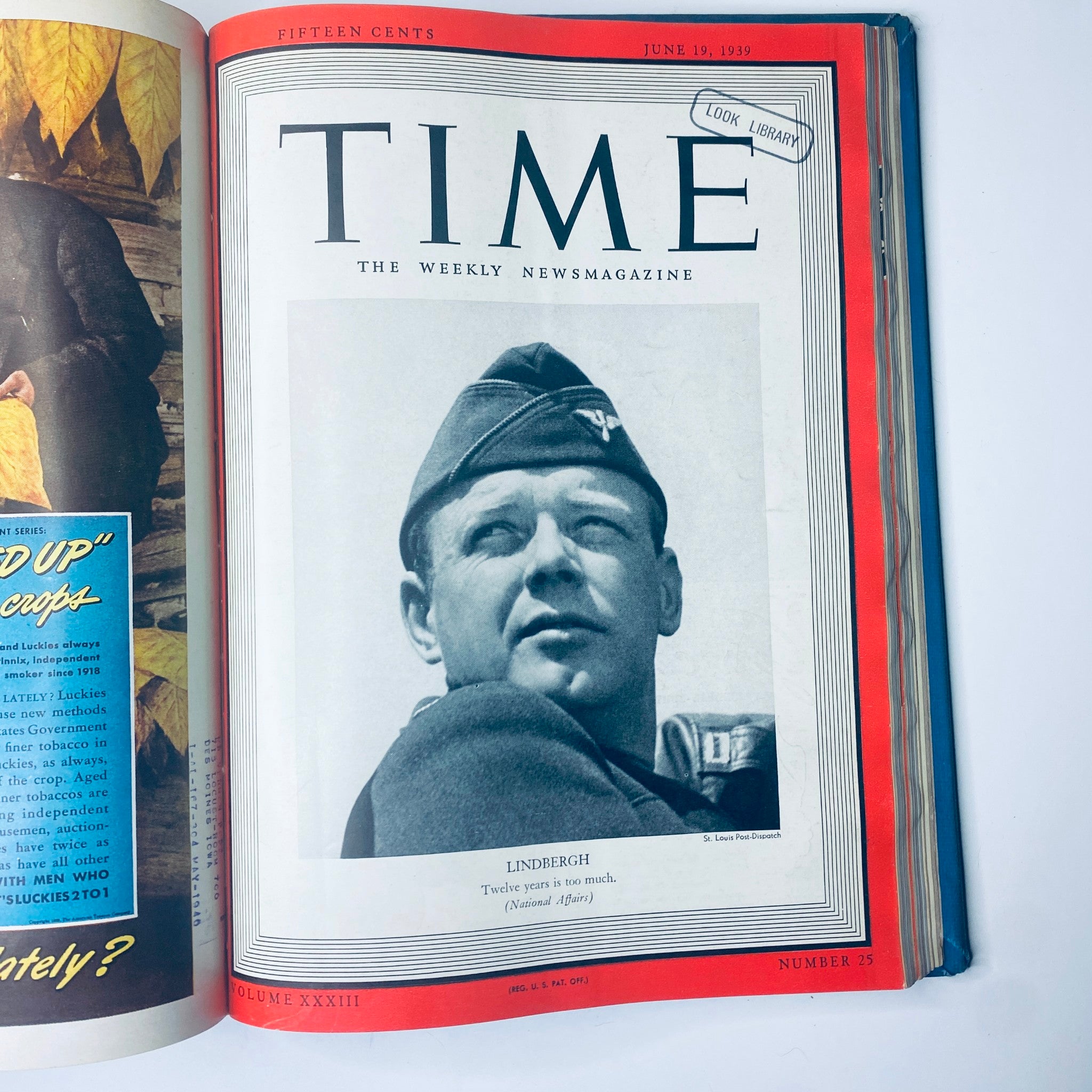 Cover of Time Magazine, June 19, 1939, featuring Charles Lindbergh, part of the Time Magazine Library Bound April-June 26, 1939 collection.