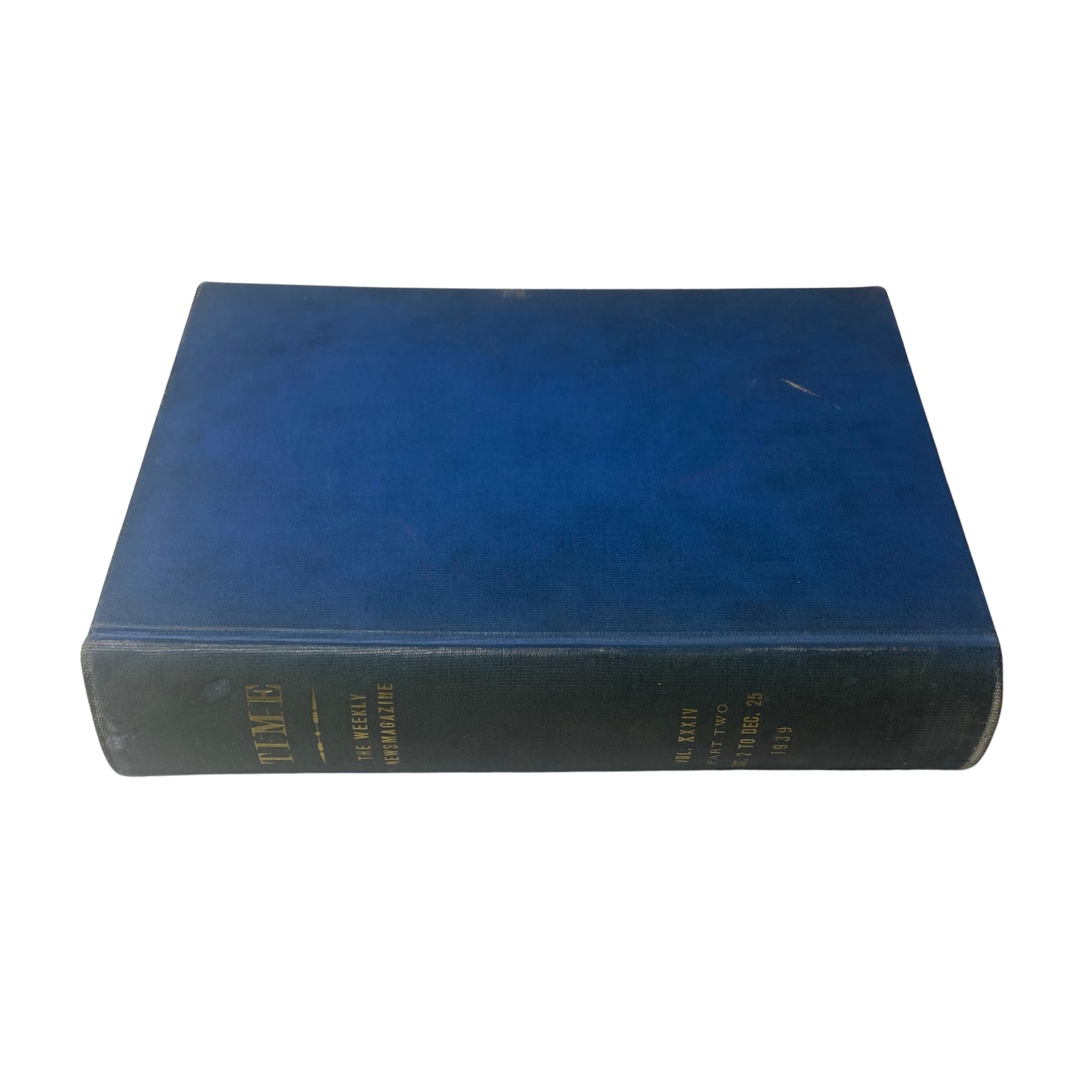 Side view of Time Magazine Library Bound October to December 1939, highlighting the blue cover and embossed title.