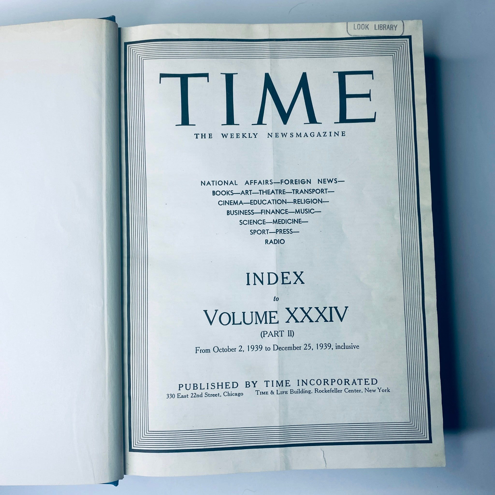 Index page of 'Time Magazine Library Bound October- Dec 1939 Scarlett O’Hara Gone with the Wind', listing contents of Volume XXXIV, Part II.