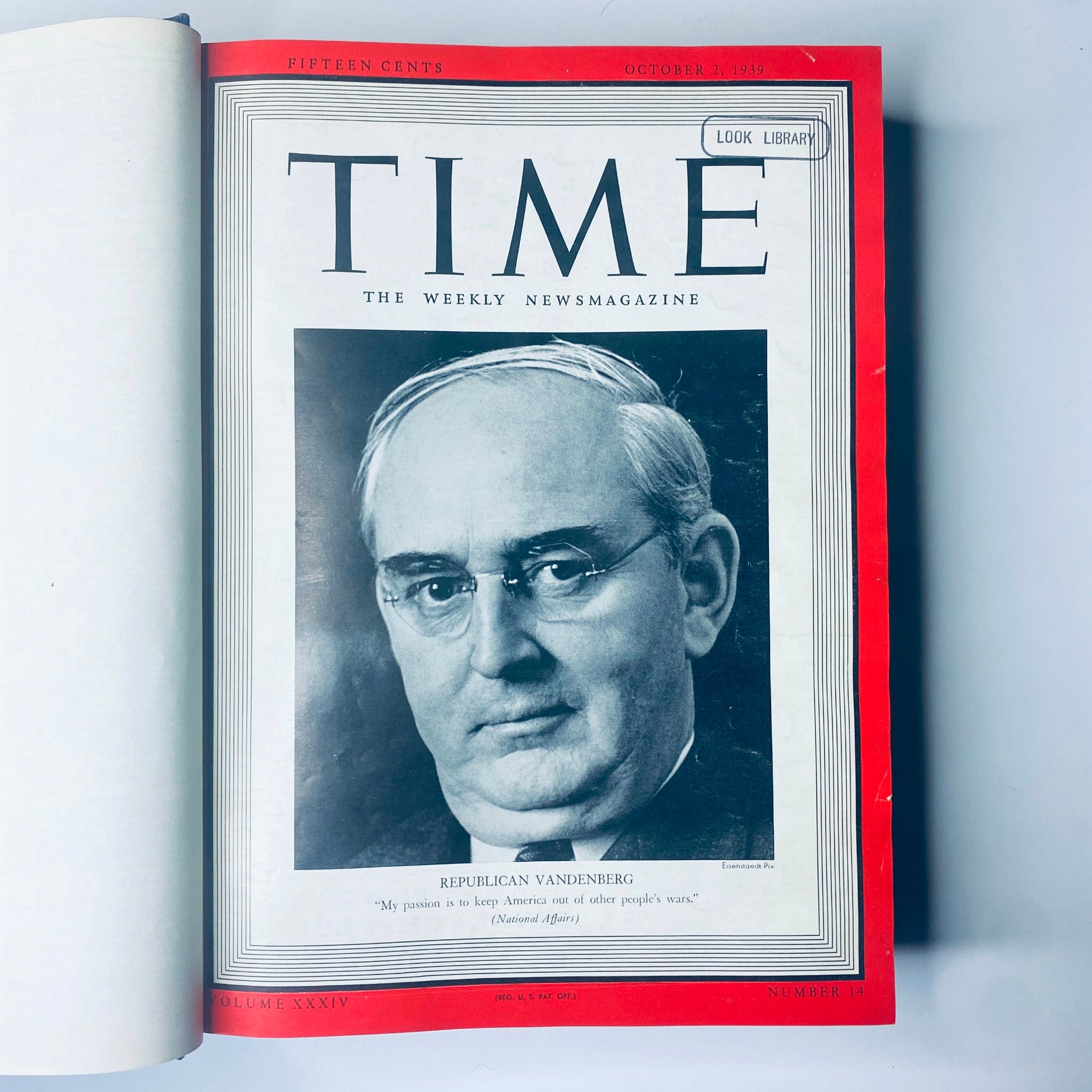 Cover page of the October 2, 1939 edition of Time Magazine, featuring Republican Senator Arthur H. Vandenberg, from 'Time Magazine Library Bound October- Dec 1939 Scarlett O’Hara Gone with the Wind'.