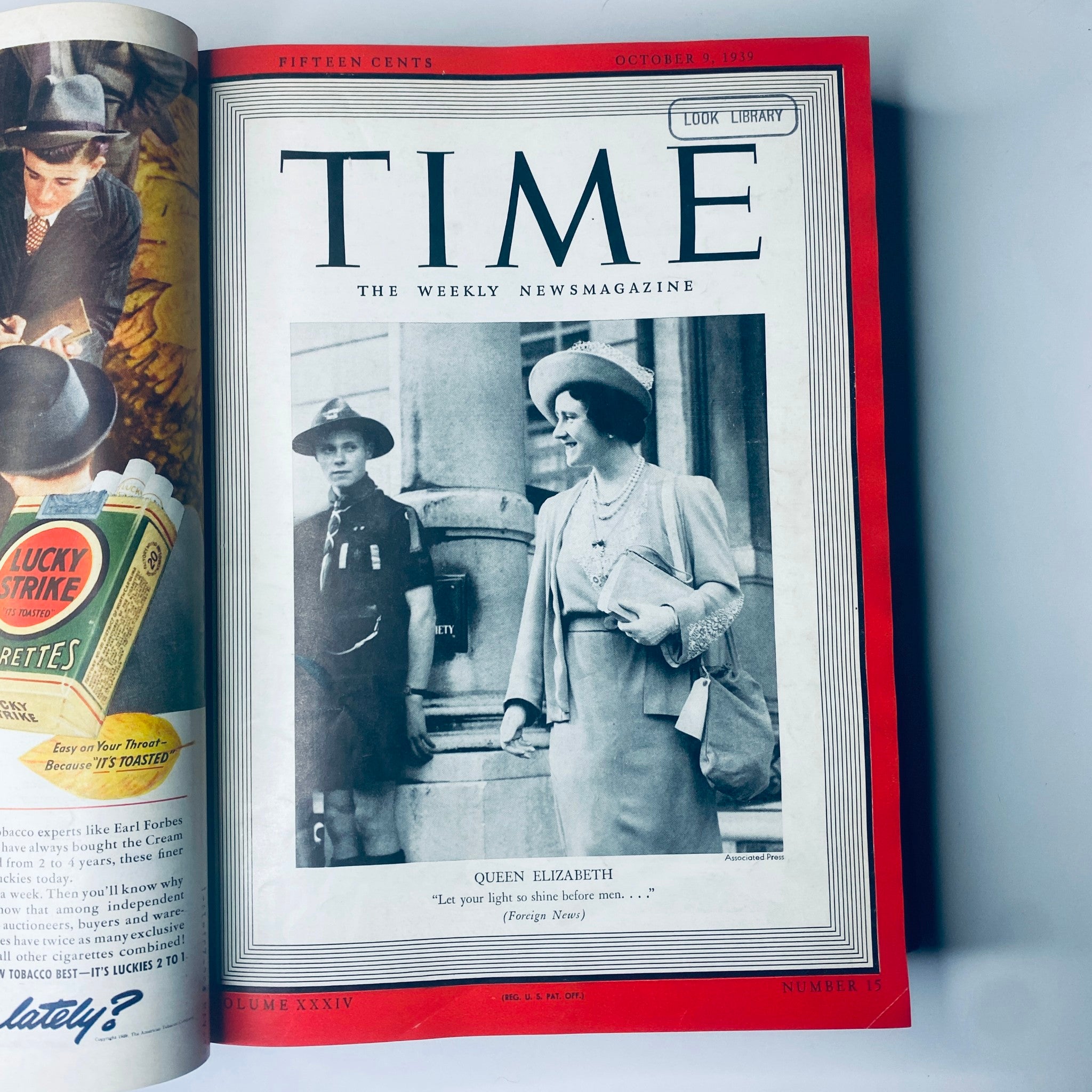 Cover of the October 9, 1939 edition of Time Magazine displaying Queen Elizabeth, part of 'Time Magazine Library Bound October- Dec 1939 Scarlett O’Hara Gone with the Wind'.