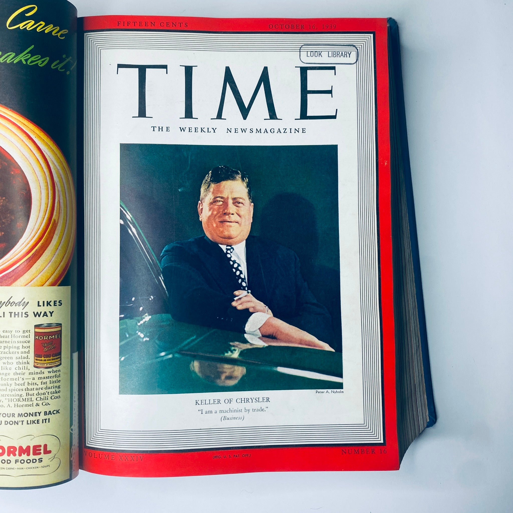 Time Magazine cover from October 16, 1939 featuring K.T. Keller of Chrysler and titled 'Time Library Bound Weekly Magazine – October to December 1939.'