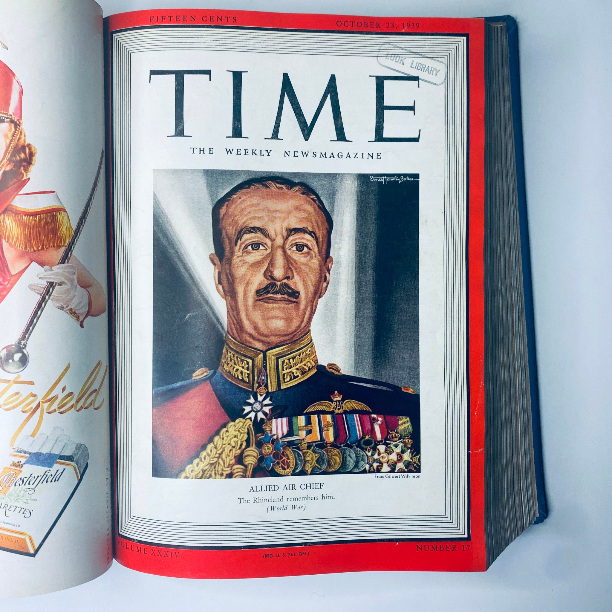 Time Magazine cover from October 23, 1939 showcasing the Allied Air Chief and titled 'Time Library Bound Weekly Magazine – October to December 1939.'