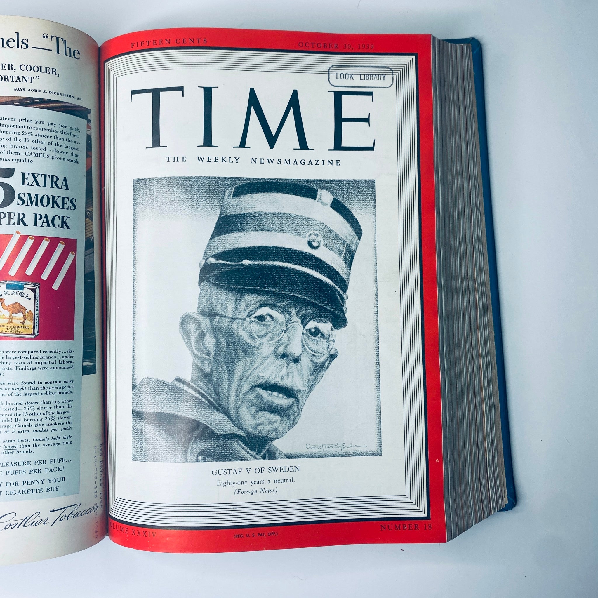 Time Magazine cover from October 30, 1939 highlighting Gustaf V of Sweden, under the title 'Time Library Bound Weekly Magazine – October to December 1939.'
