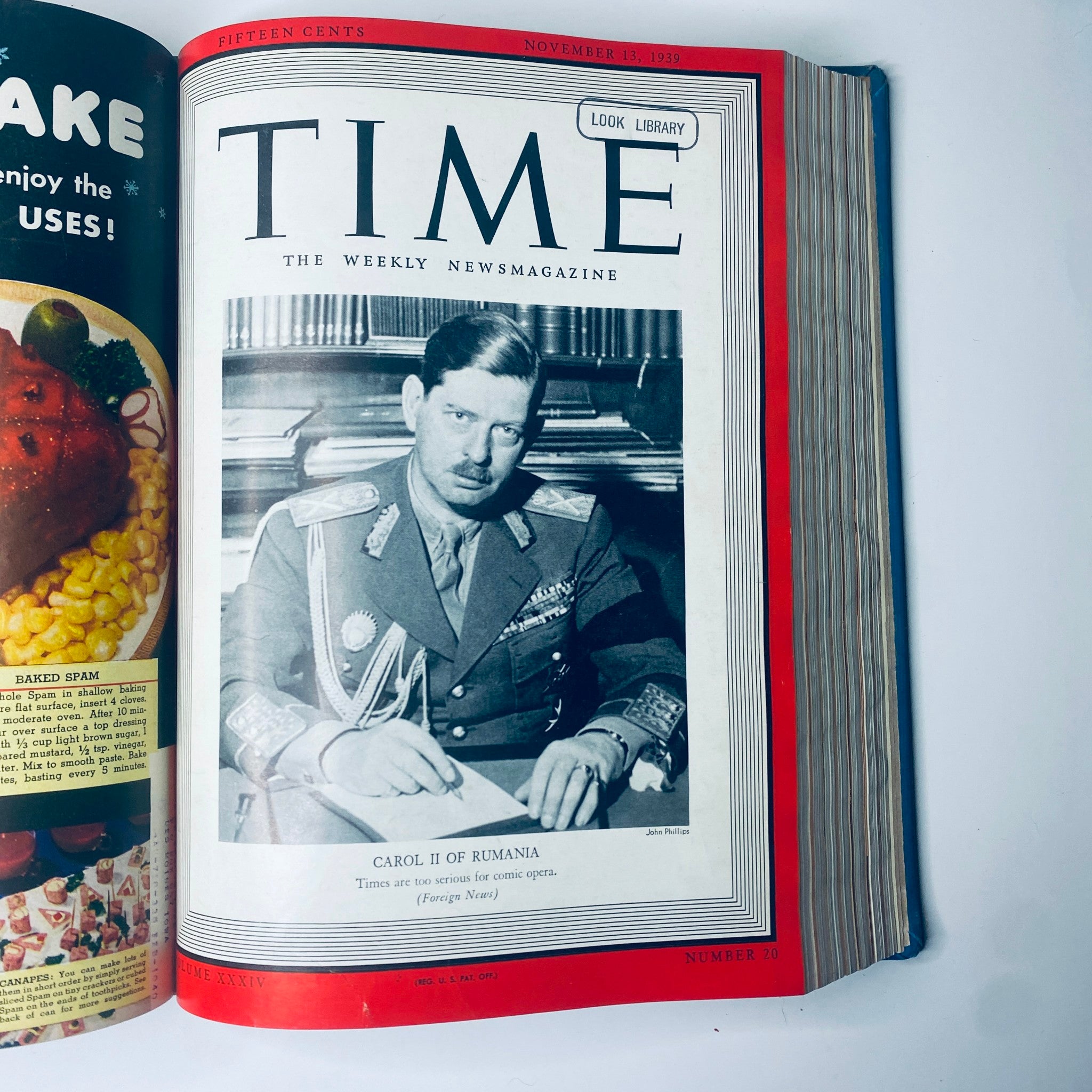 Time Magazine cover from November 13, 1939 featuring Carol II of Romania, part of 'Time Library Bound Weekly Magazine – October to December 1939.'