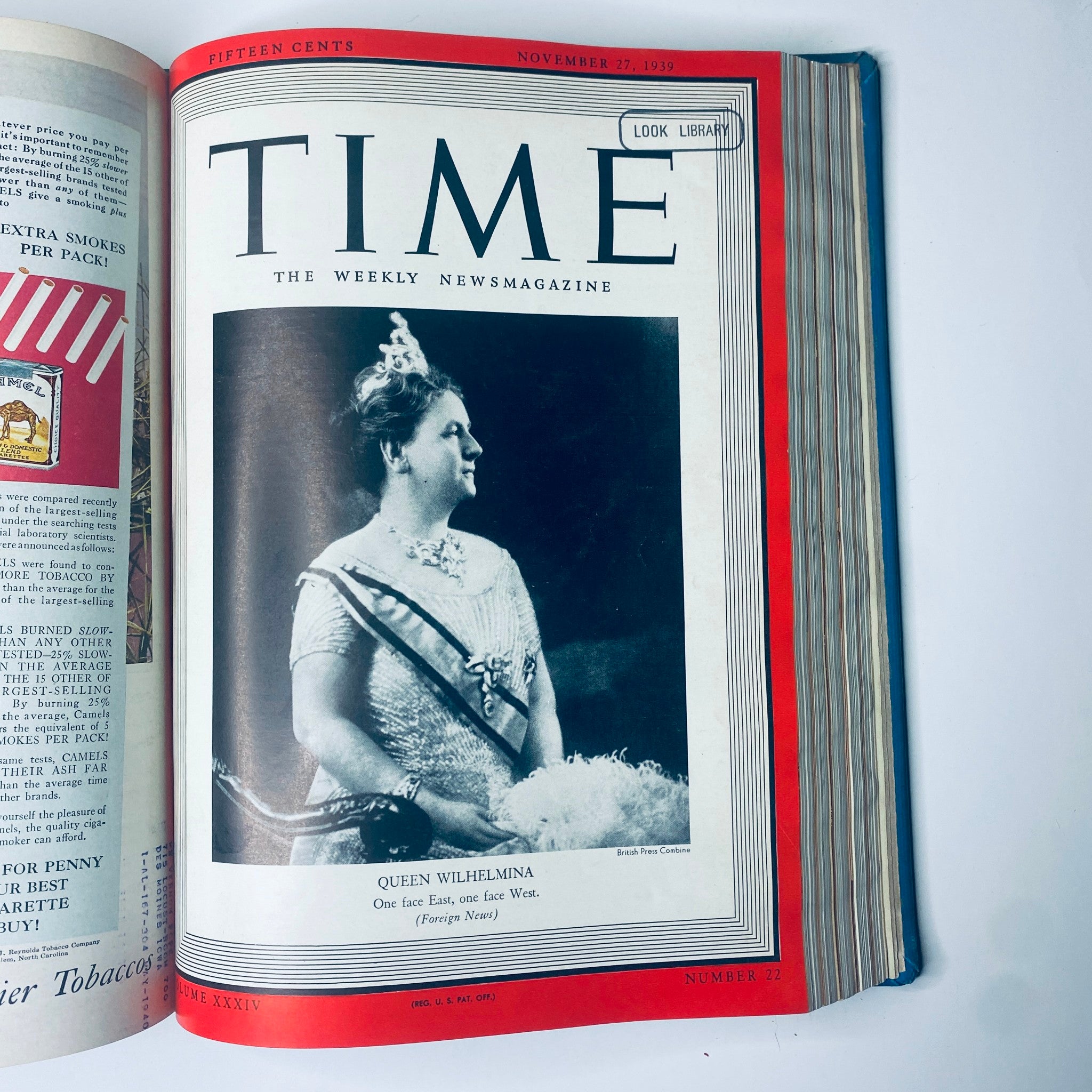 Time Magazine Library Bound October- Dec 1939 showcasing Queen Wilhelmina of the Netherlands on the cover dated November 27, 1939, highlighting her diplomatic significance during the era.