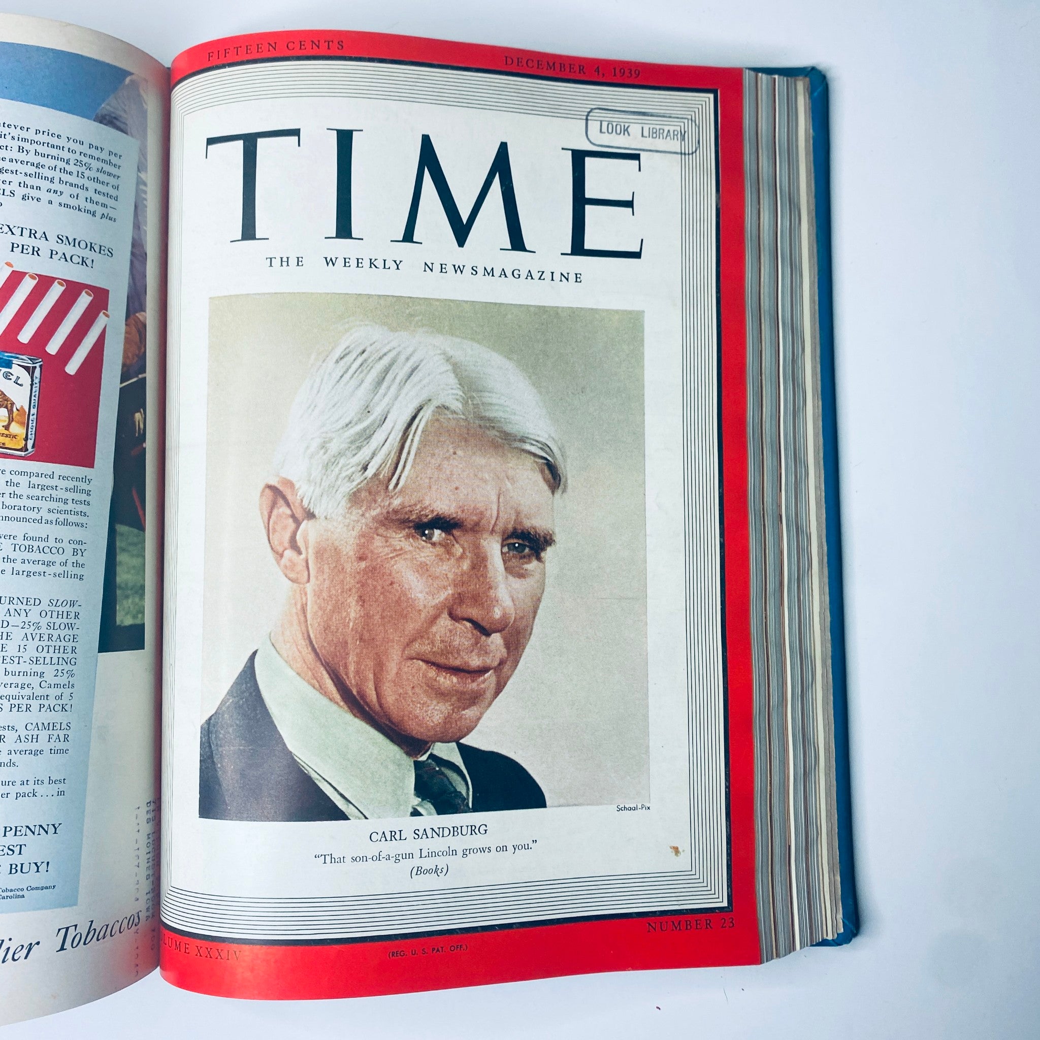 Time Magazine Library Bound October- Dec 1939 featuring poet and biographer Carl Sandburg on the cover dated December 4, 1939, with a quote reflecting on Lincoln.