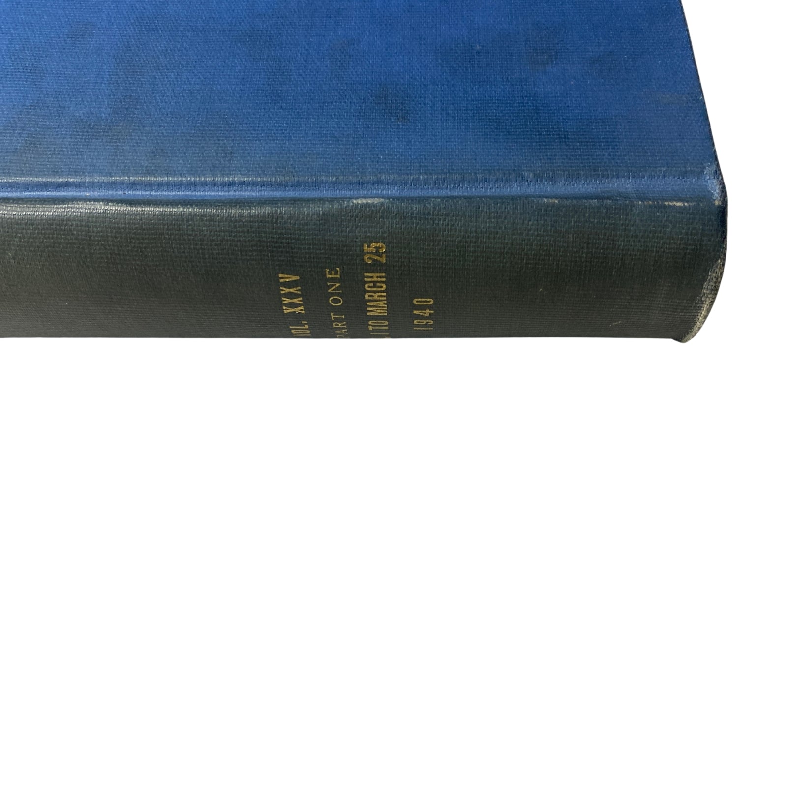 Side view of the Time Magazine Library Bound book, showcasing the blue cover and publication details from March 25, 1940.