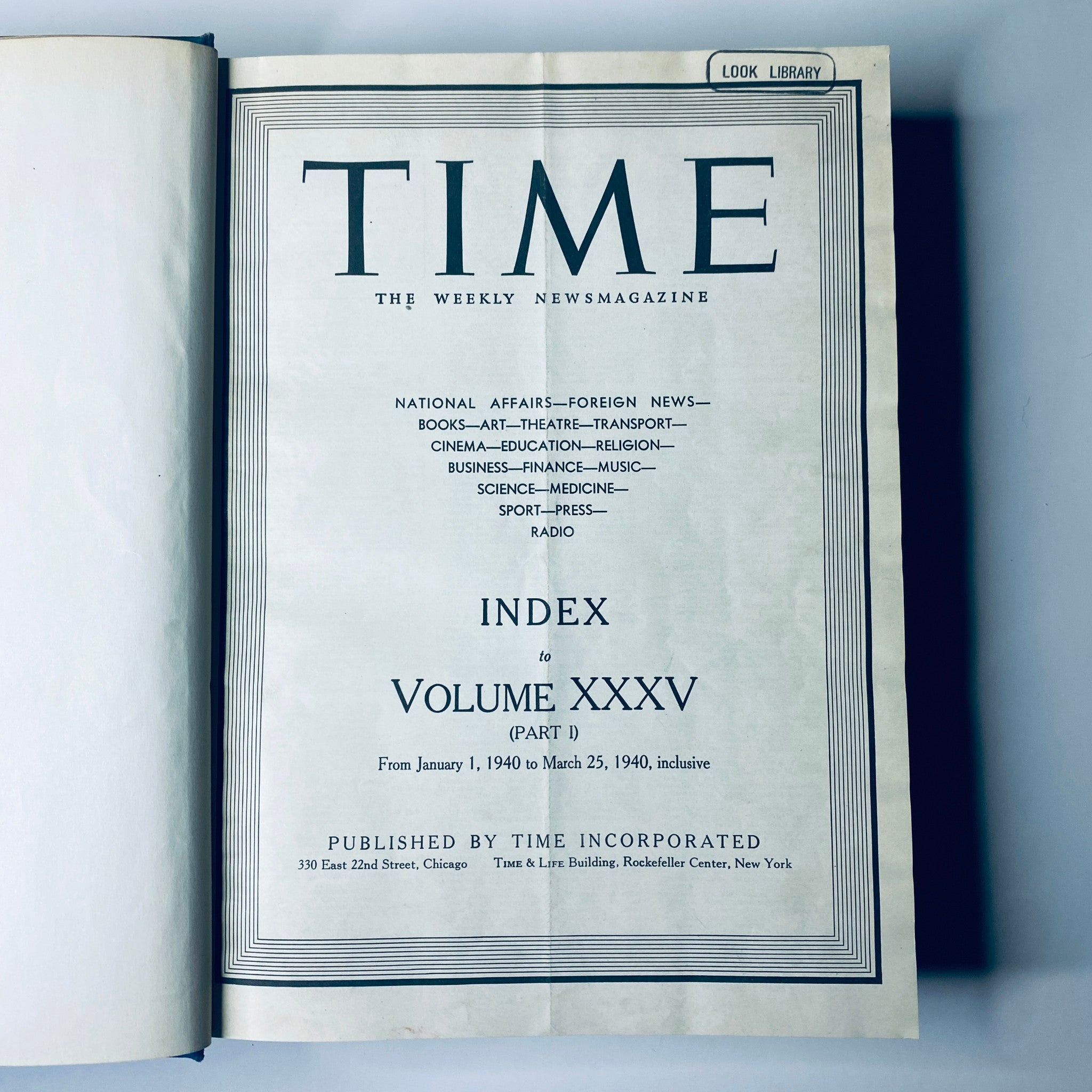Index page of Time Magazine Library Bound January - March 25, 1940 featuring the title and sections related to National Affairs, Foreign News, Science, and Radio.