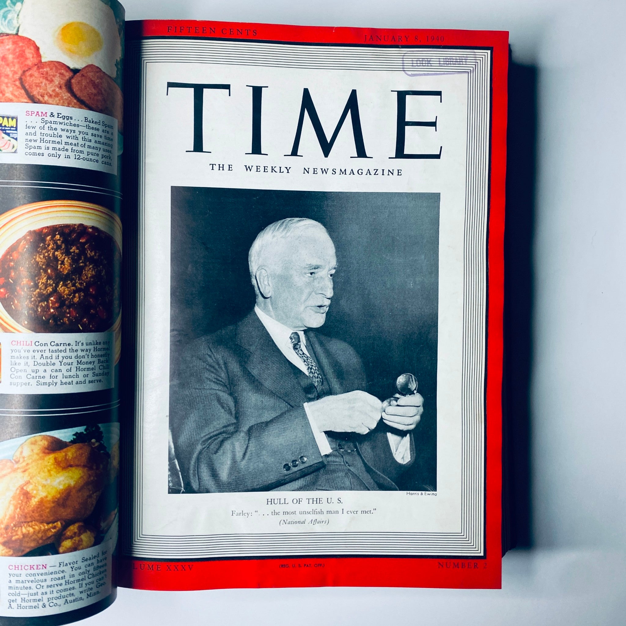 January 8, 1940 cover of Time Magazine Library Bound January - March 25, 1940 featuring Cordell Hull, esteemed U.S. Secretary of State.