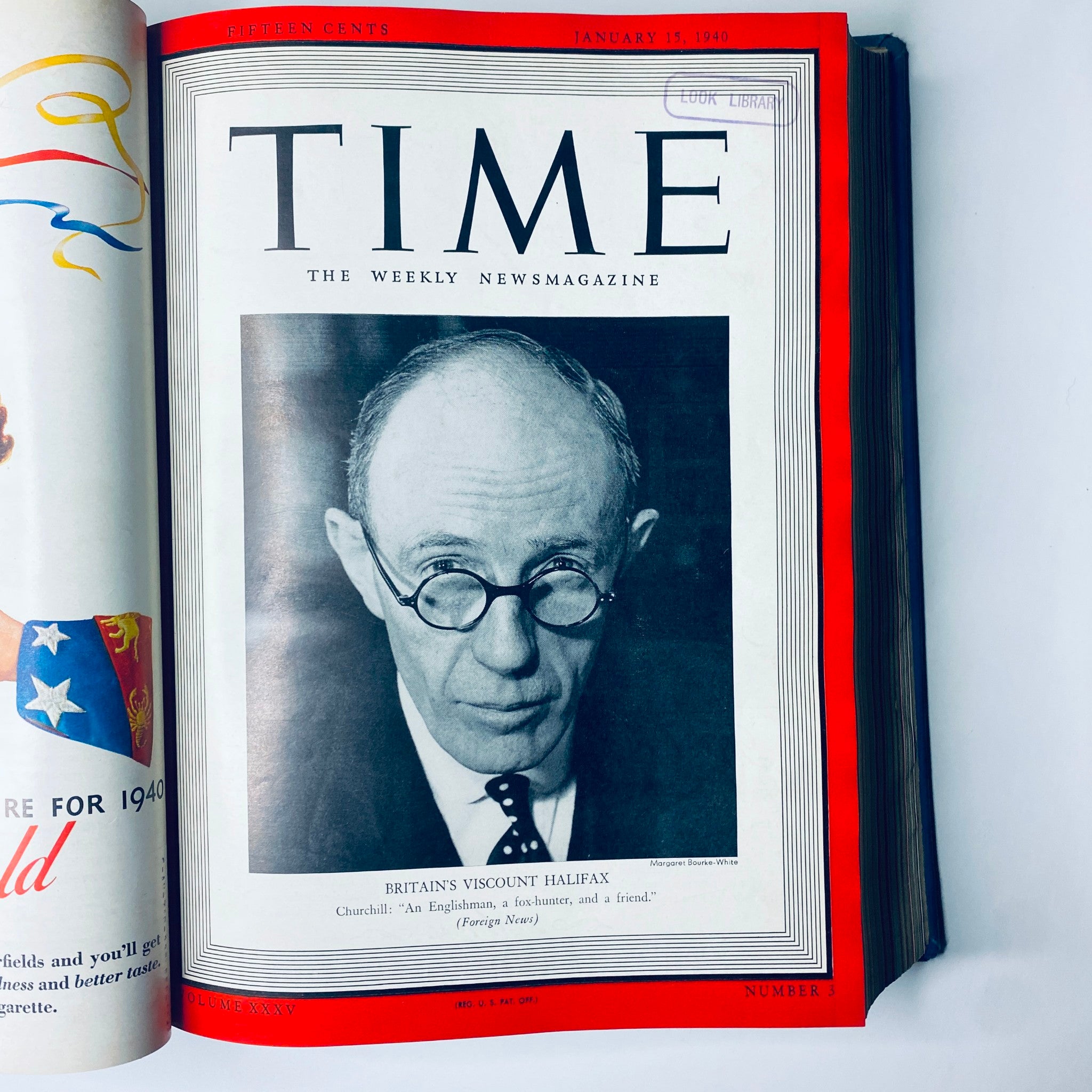 January 15, 1940 cover of Time Magazine Library Bound January - March 25, 1940 showcasing Britain's Viscount Halifax.