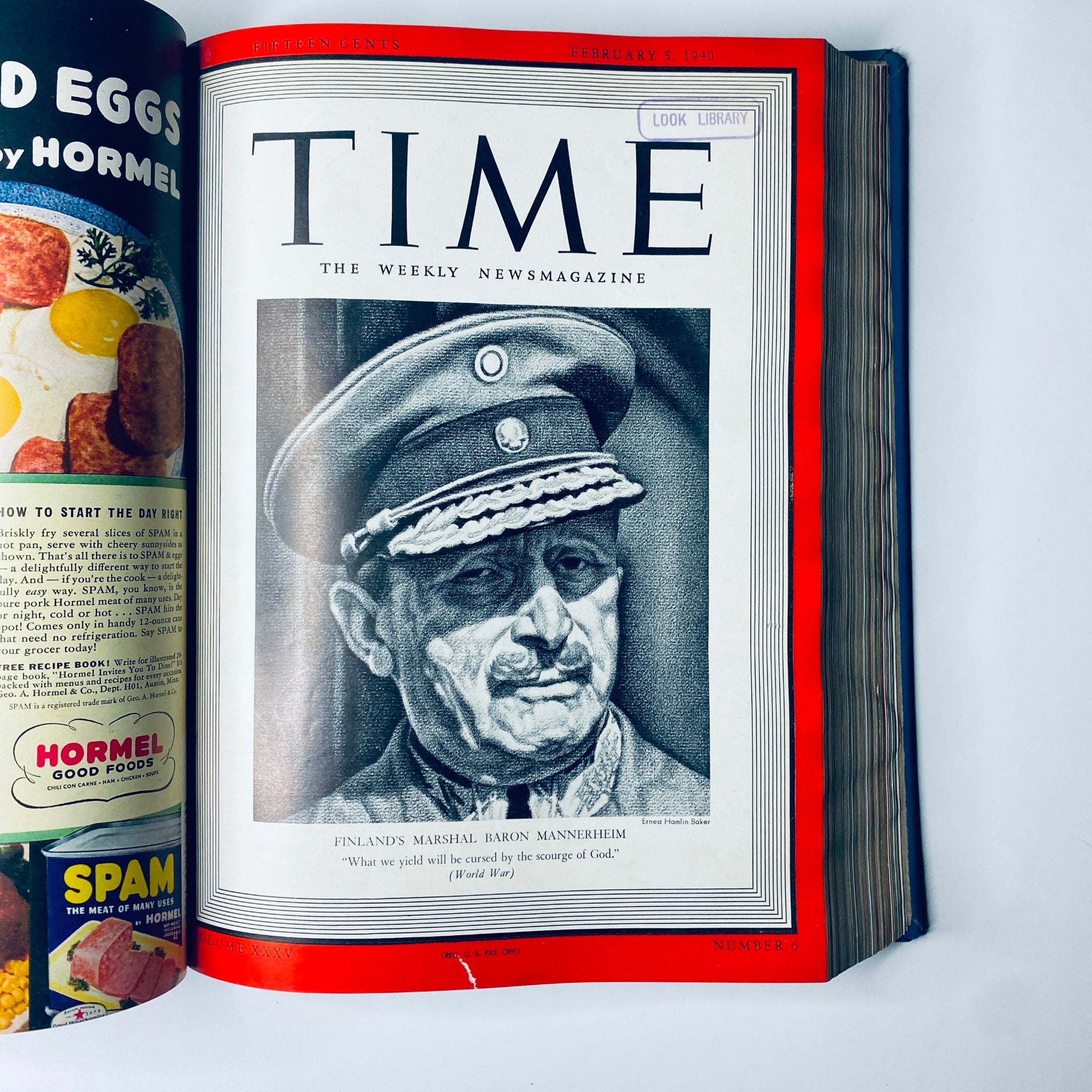 Cover of Time Magazine Library Bound January-March 1940 featuring Finland's Marshal Baron Mannerheim, recognized as 'Man of the Year' with a notable quote from World War.