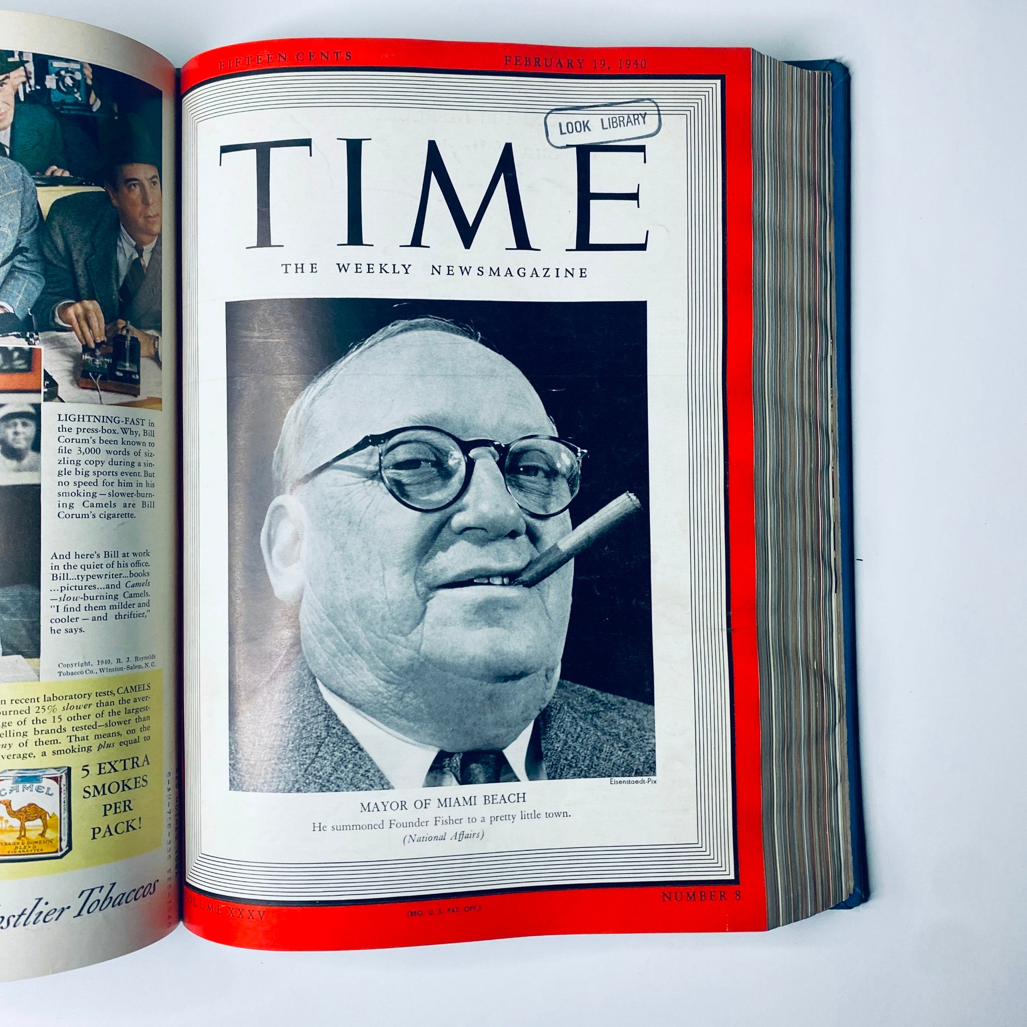 Cover of Time Magazine Library Bound January-March 1940 featuring the Mayor of Miami Beach, depicting a classic style with a cigar.