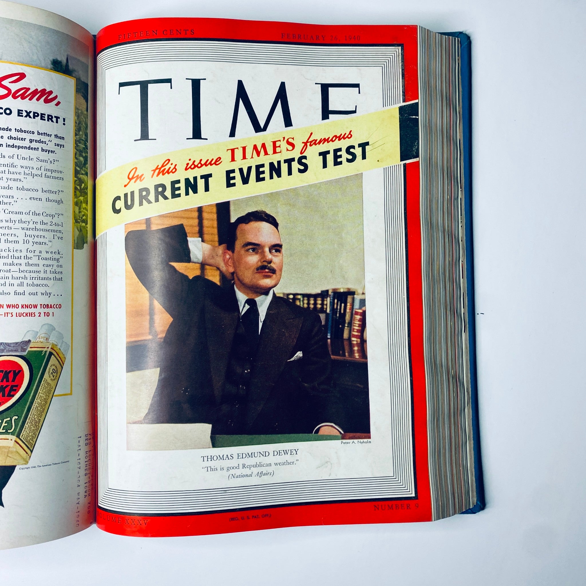 Cover of Time Magazine Library Bound January-March 1940 highlighting Thomas Edmund Dewey, presenting a posed image with a literary background.