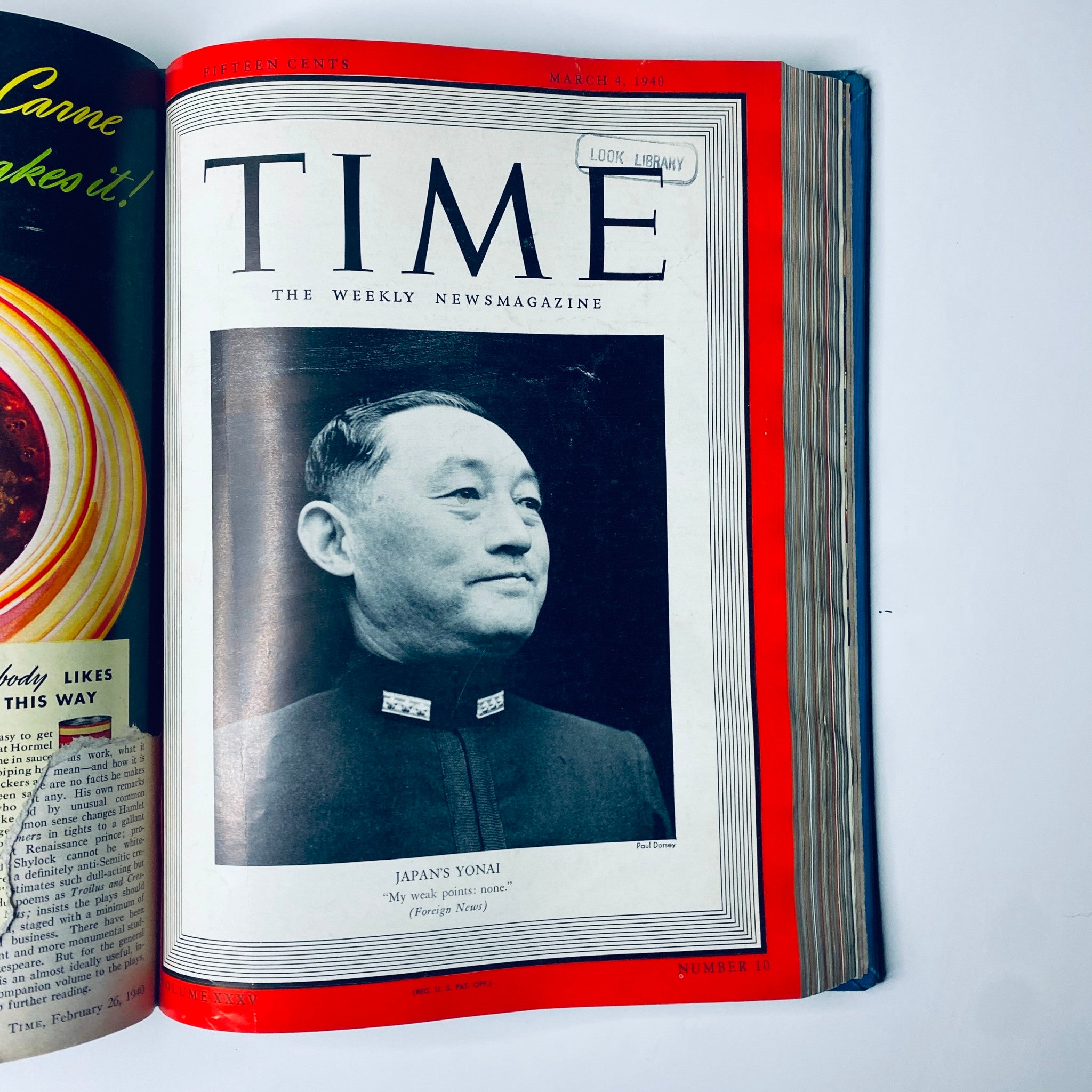 Cover of Time Magazine Library Bound January-March 1940 showcasing Japan's Yonai, capturing a stern expression related to military leadership.