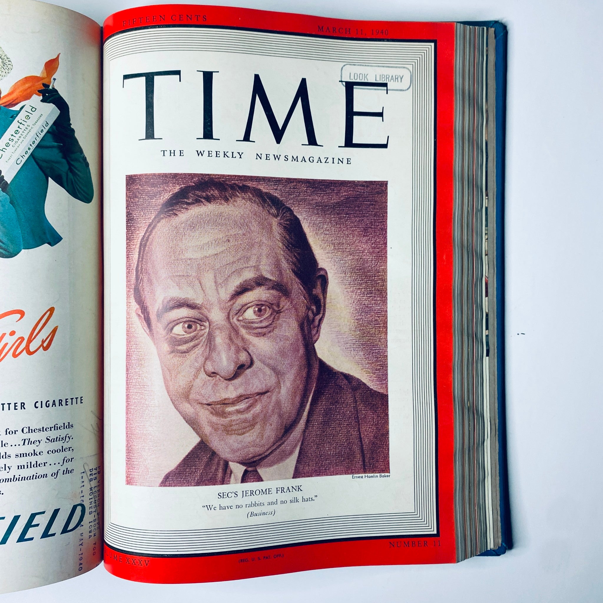 Time Magazine Library Bound January - March 25, 1940 cover featuring SEC's Jerome Frank with the caption 'We have no rabbits and no silk hats.' The issue highlights important figures of the era.