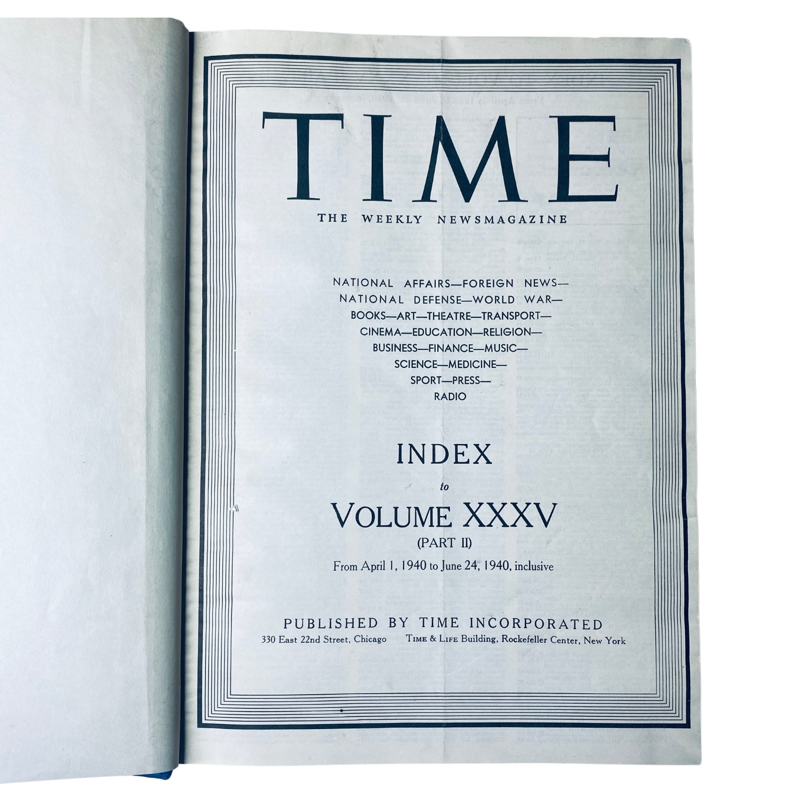 Index page of Time Library Bound Weekly Magazine, Volume XXXV, listing contents from April 1 to June 24, 1940.