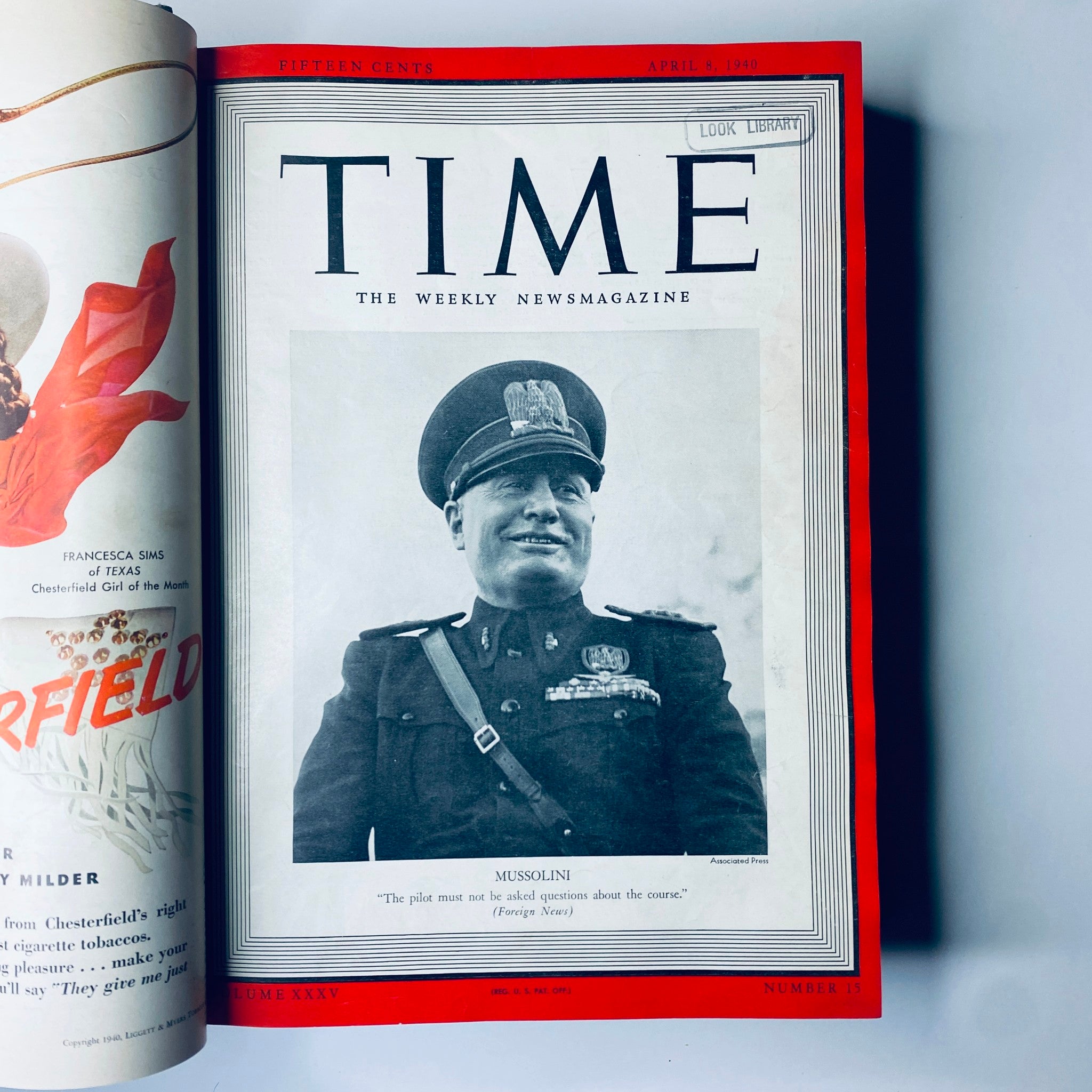 Cover page of Time Magazine from April 8, 1940, featuring Benito Mussolini for the Time Library Bound Weekly covering April 1 to June 24, 1940.