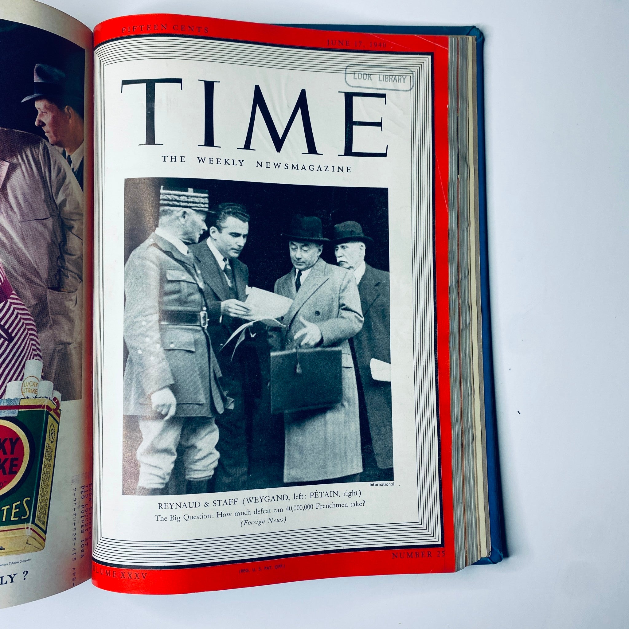 Cover of Time Library Bound Weekly Magazine – April 1 to June 24, 1940 illustrating Reynaud and his staff, discussing strategies amidst World War II.