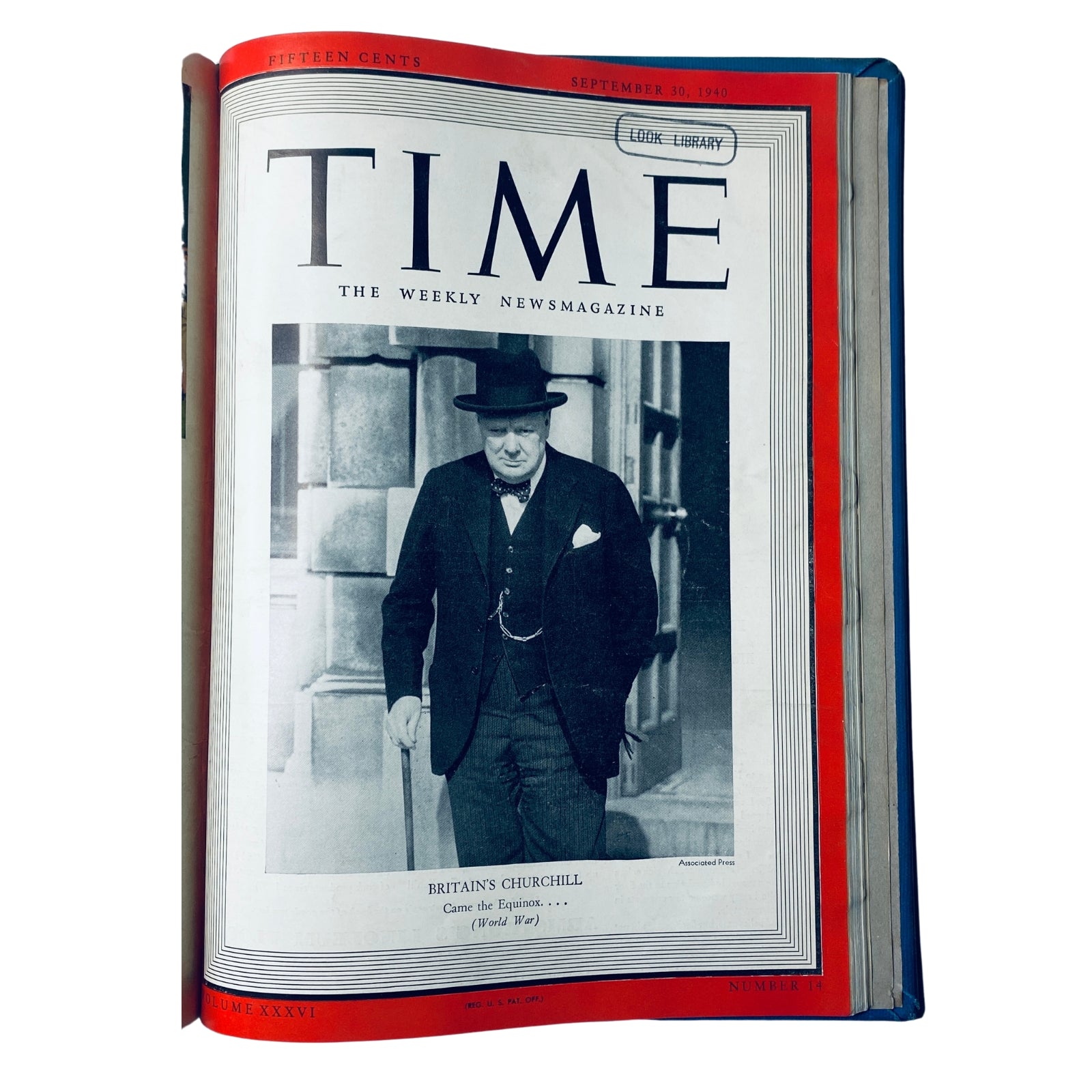 Cover of Time Magazine Library Bound July 1, 1940 - September 30, 1940 featuring Winston Churchill with the headline 'Britain's Churchill' and a black and white photo. This edition documents significant events during World War II.