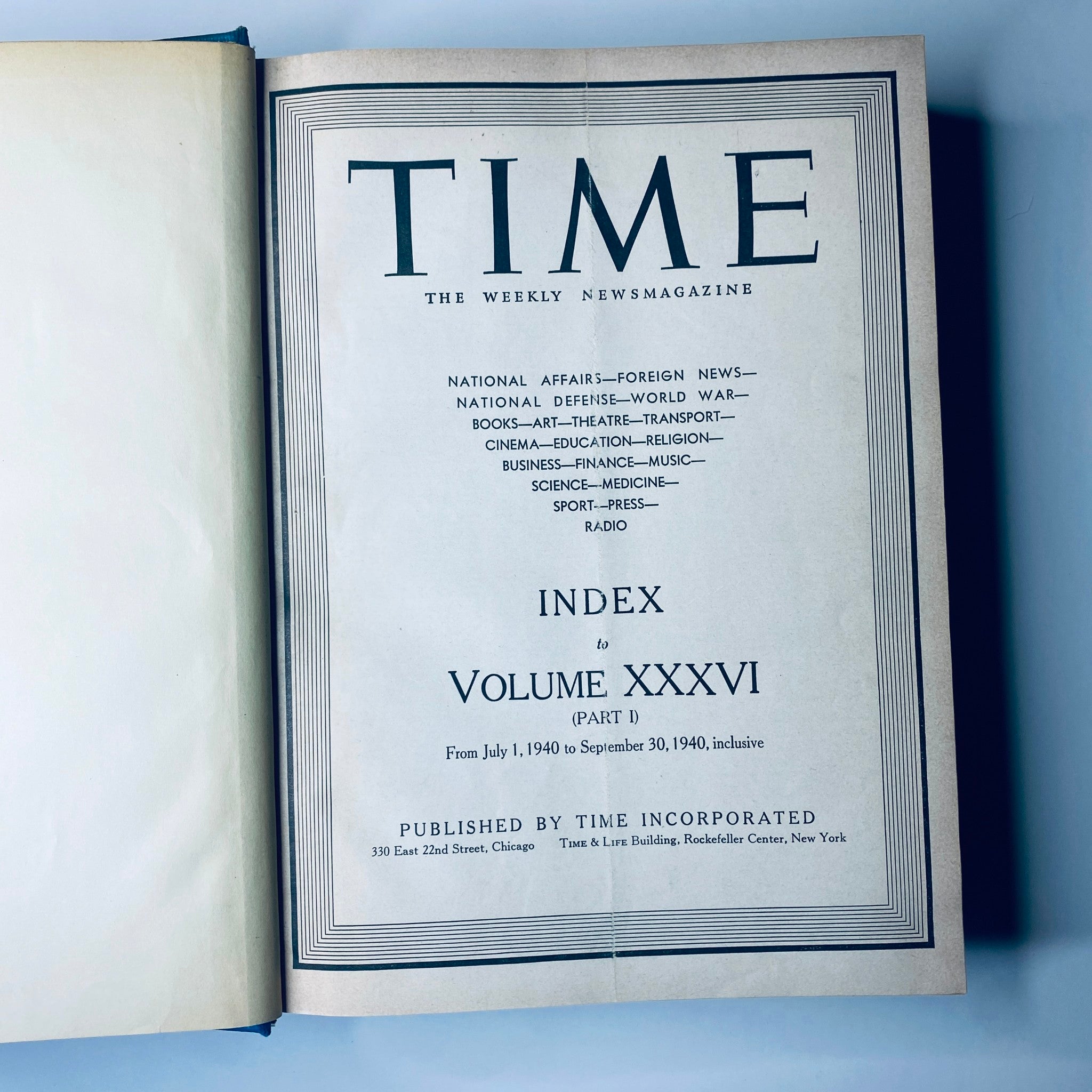 Index page of Time Magazine Library Bound July to September 1940 featuring Winston Churchill - provides an overview of contents and publication details.