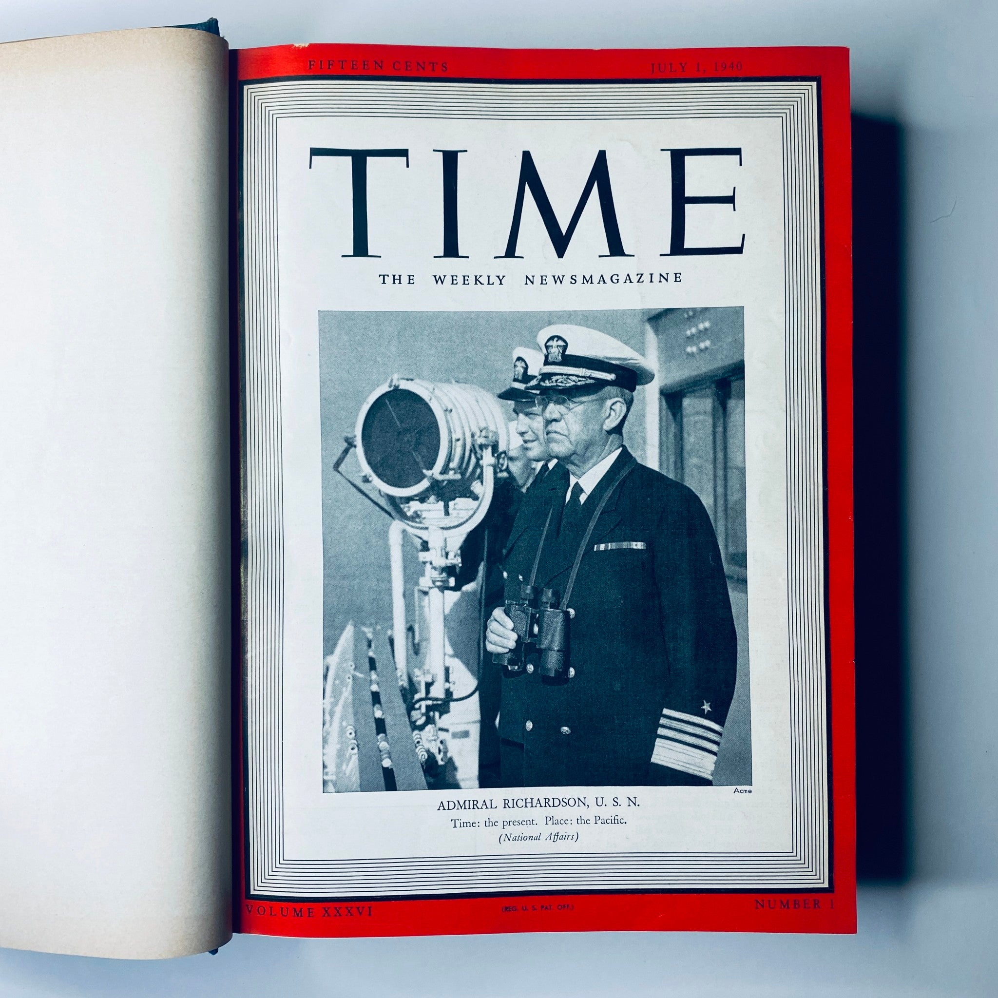 Cover of Time Magazine, Library Bound volume July 1, 1940, featuring Admiral Richardson, U.S. Navy, with the title 'Time: The Weekly Newsmagazine'.