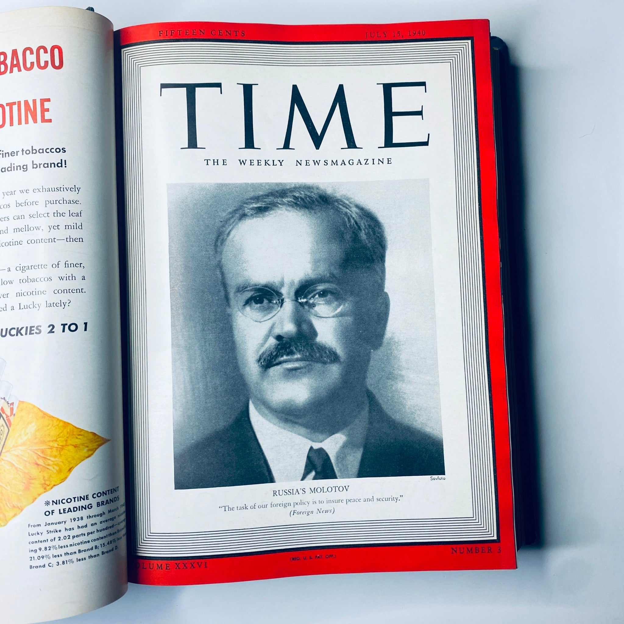 Cover of Time Magazine, Library Bound volume July 15, 1940, featuring Russia's Vyacheslav Molotov, with the title 'Time: The Weekly Newsmagazine'.