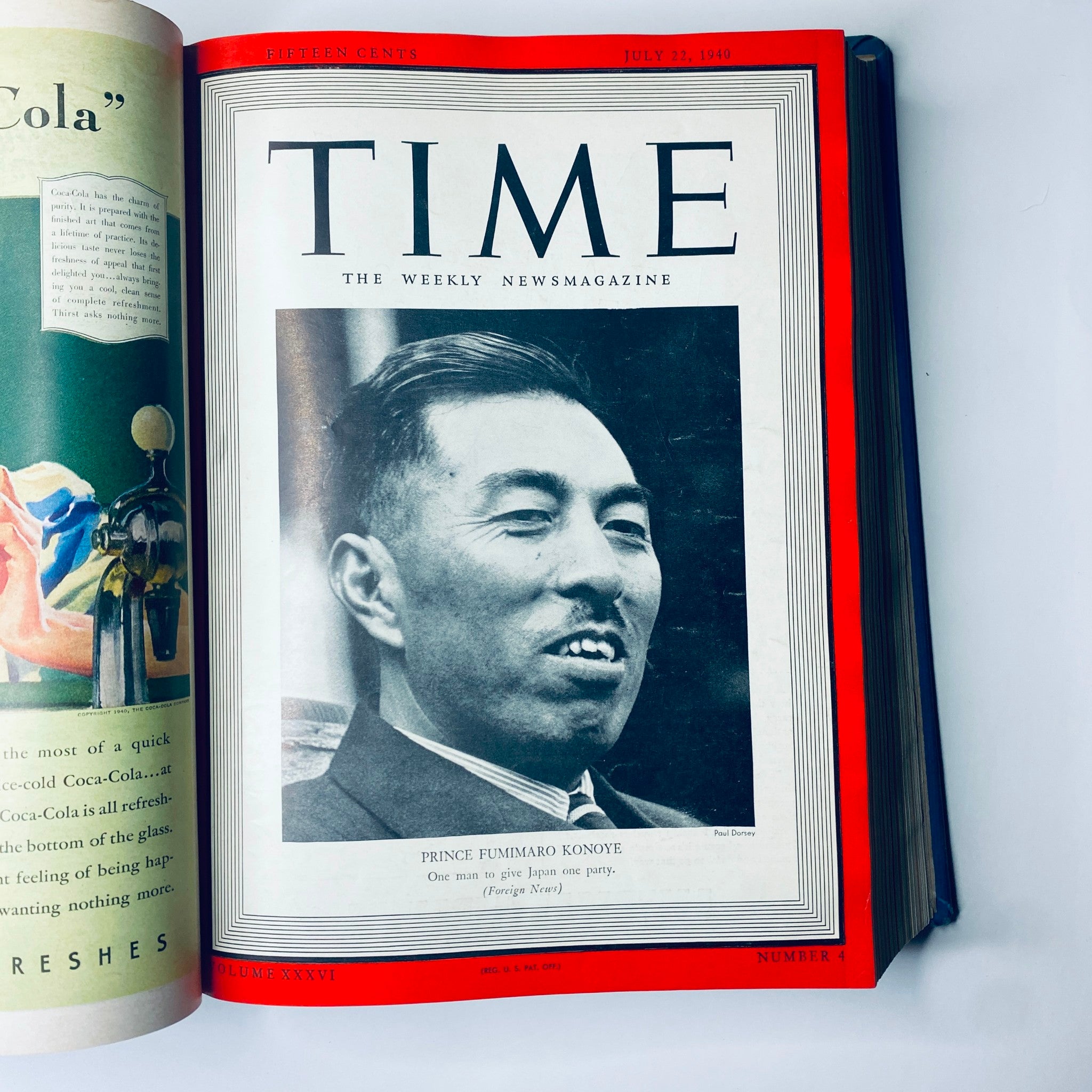 Cover of Time Magazine, Library Bound volume July 22, 1940, featuring Japan's Prince Fumimaro Konoye, with the title 'Time: The Weekly Newsmagazine'.