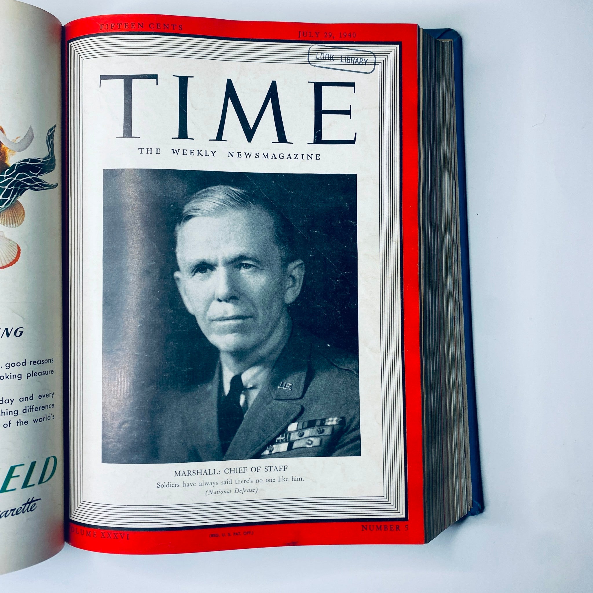 Cover of Time Magazine, Library Bound volume July 29, 1940, featuring General George C. Marshall, U.S. Chief of Staff, with the title 'Time: The Weekly Newsmagazine'.