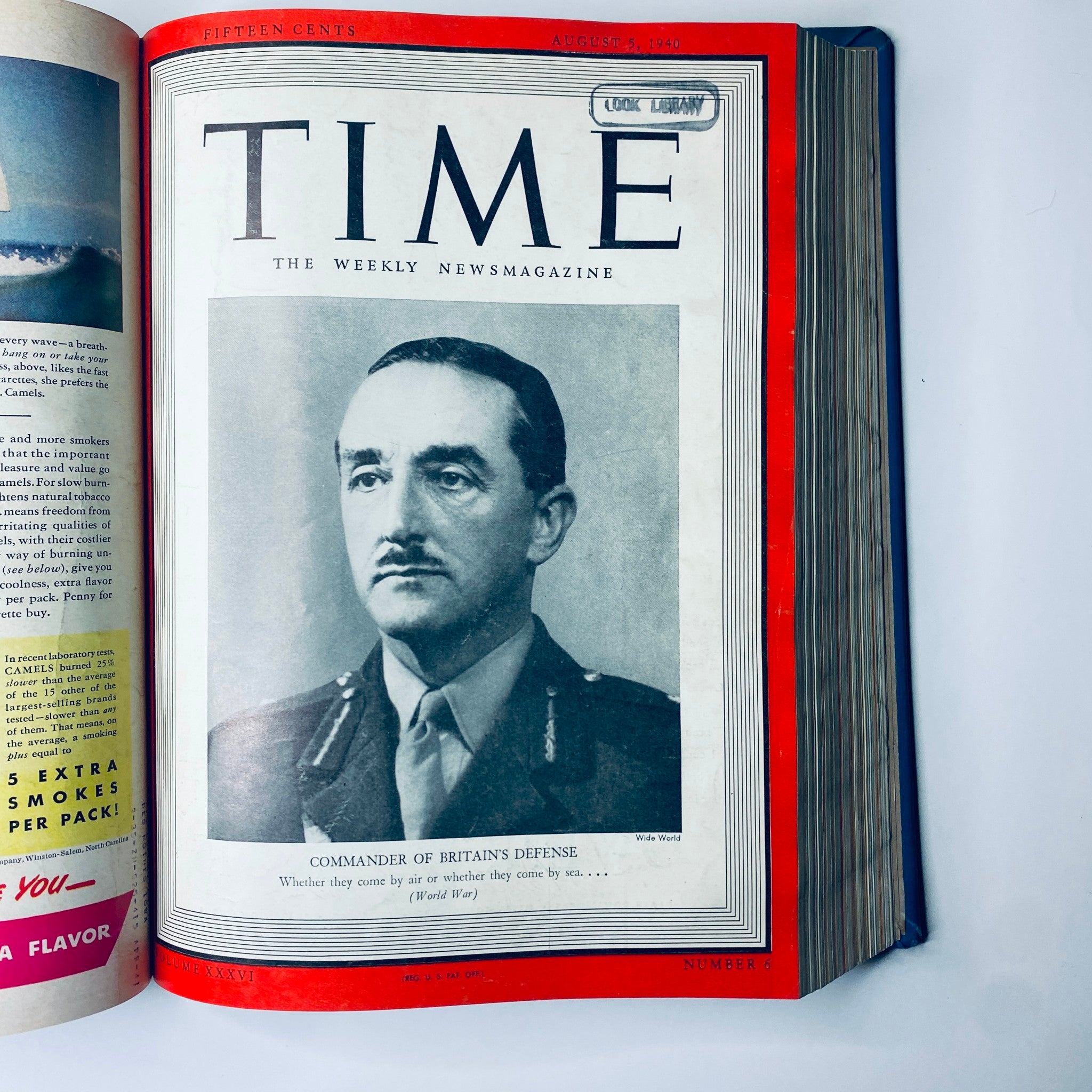 Cover of Time Magazine Library Bound July 1, 1940 - September 30, 1940 featuring Commander of Britain's Defense from August 5, 1940 issue, with a portrait photograph and the Look Library stamp.