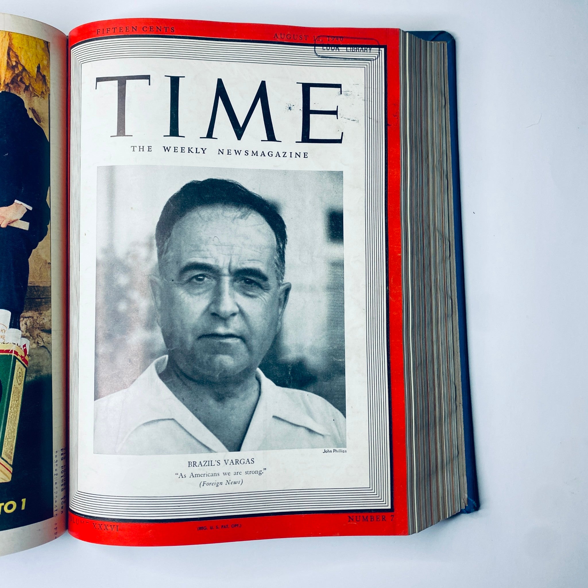 Cover of Time Magazine Library Bound July 1, 1940 - September 30, 1940 showcasing Brazil's Vargas from August 12, 1940 issue, with a black and white portrait image and the Look Library stamp.