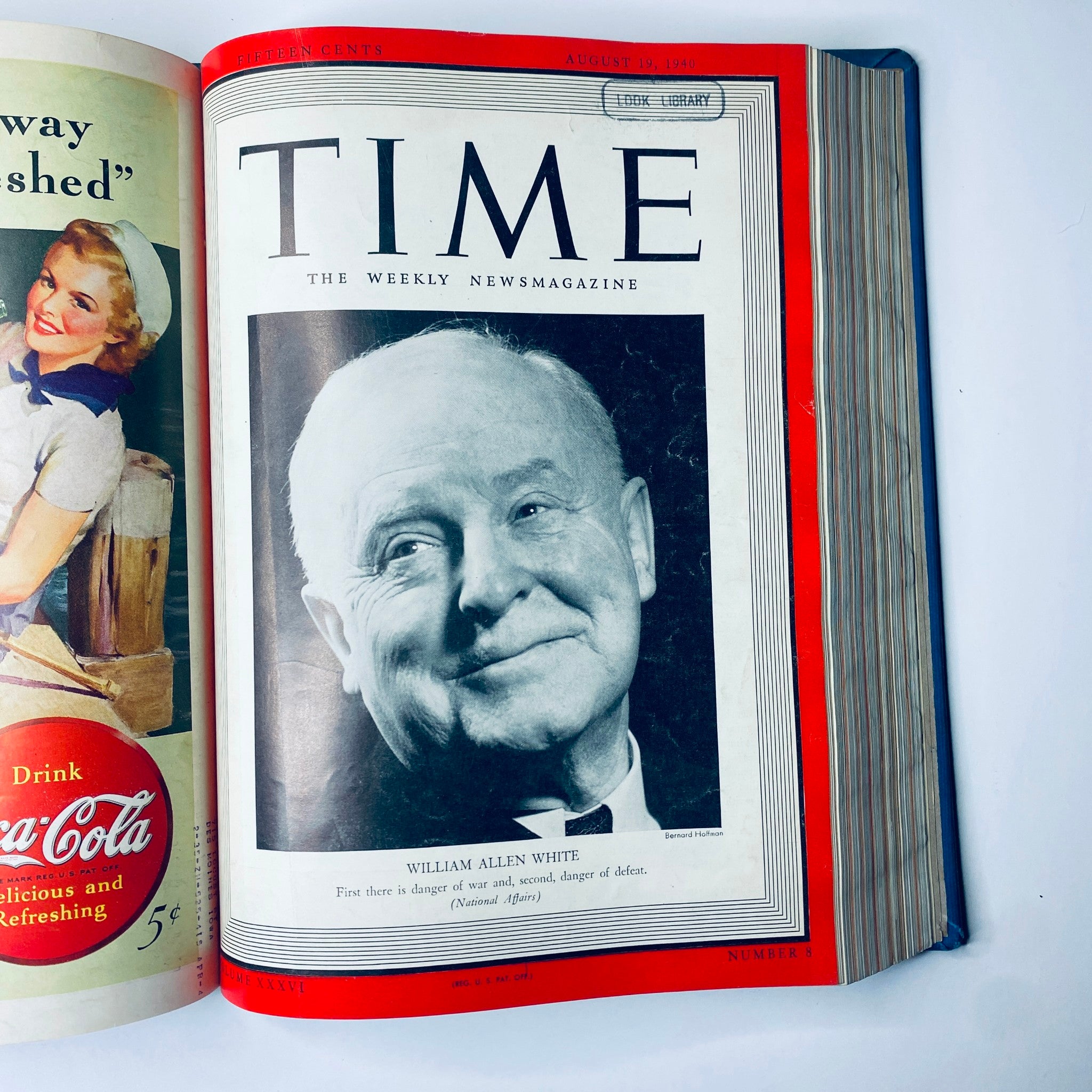 Cover of Time Magazine Library Bound July 1, 1940 - September 30, 1940 featuring William Allen White from August 19, 1940 issue, illustrated with a smiling portrait and the Look Library stamp.