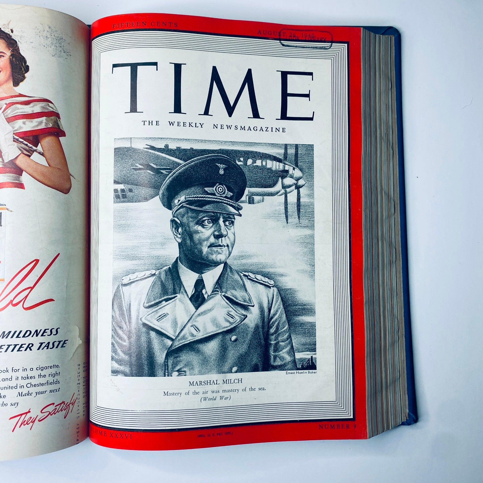 Cover of Time Magazine Library Bound July 1, 1940 - September 30, 1940 showcasing Marshal Milch from August 26, 1940 issue, with a military portrait illustration and the Look Library stamp.