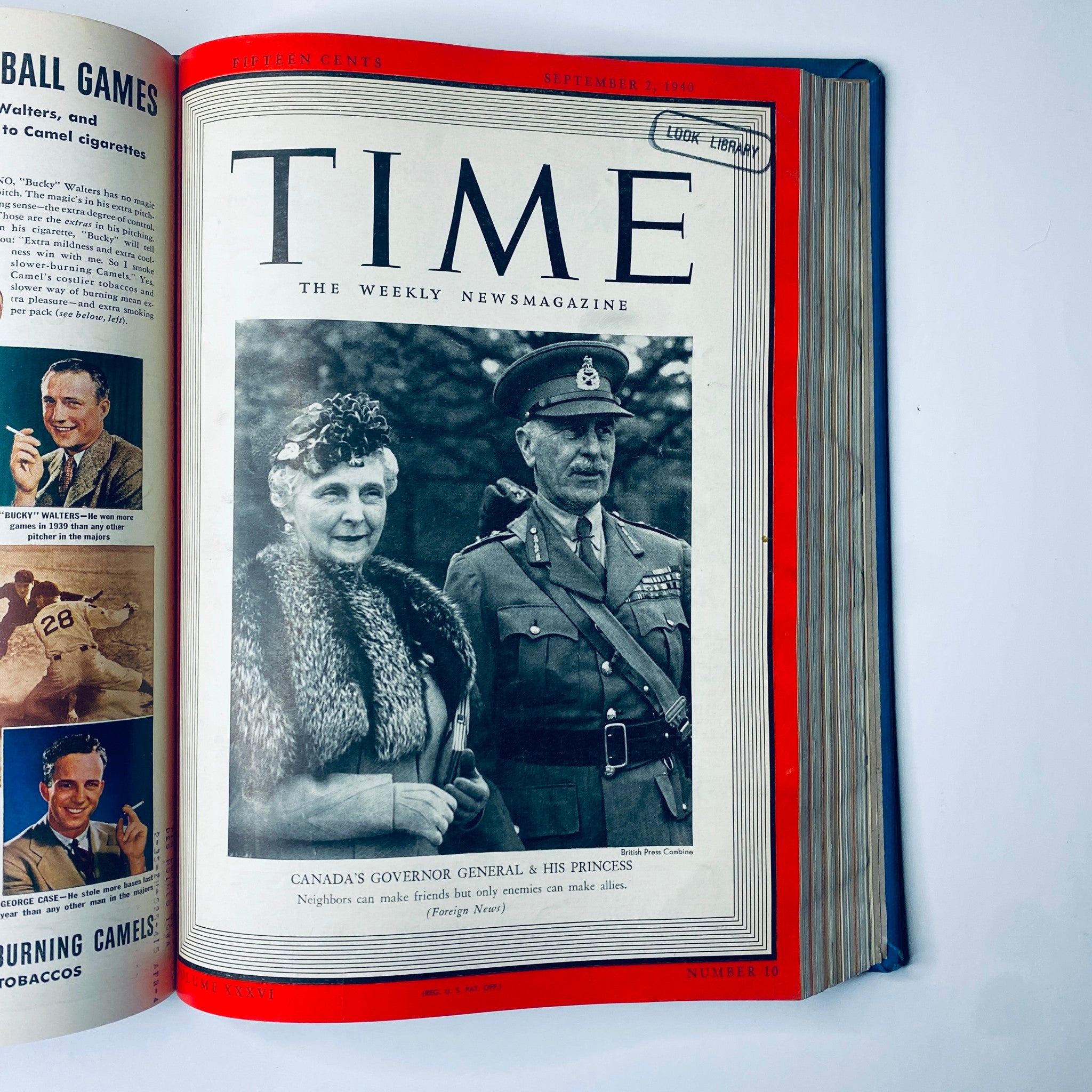 Cover of Time Magazine Library Bound July 1, 1940 - September 30, 1940 featuring Canada's Governor General and His Princess from September 2, 1940 issue, depicted in a formal portrait with the Look Library stamp.