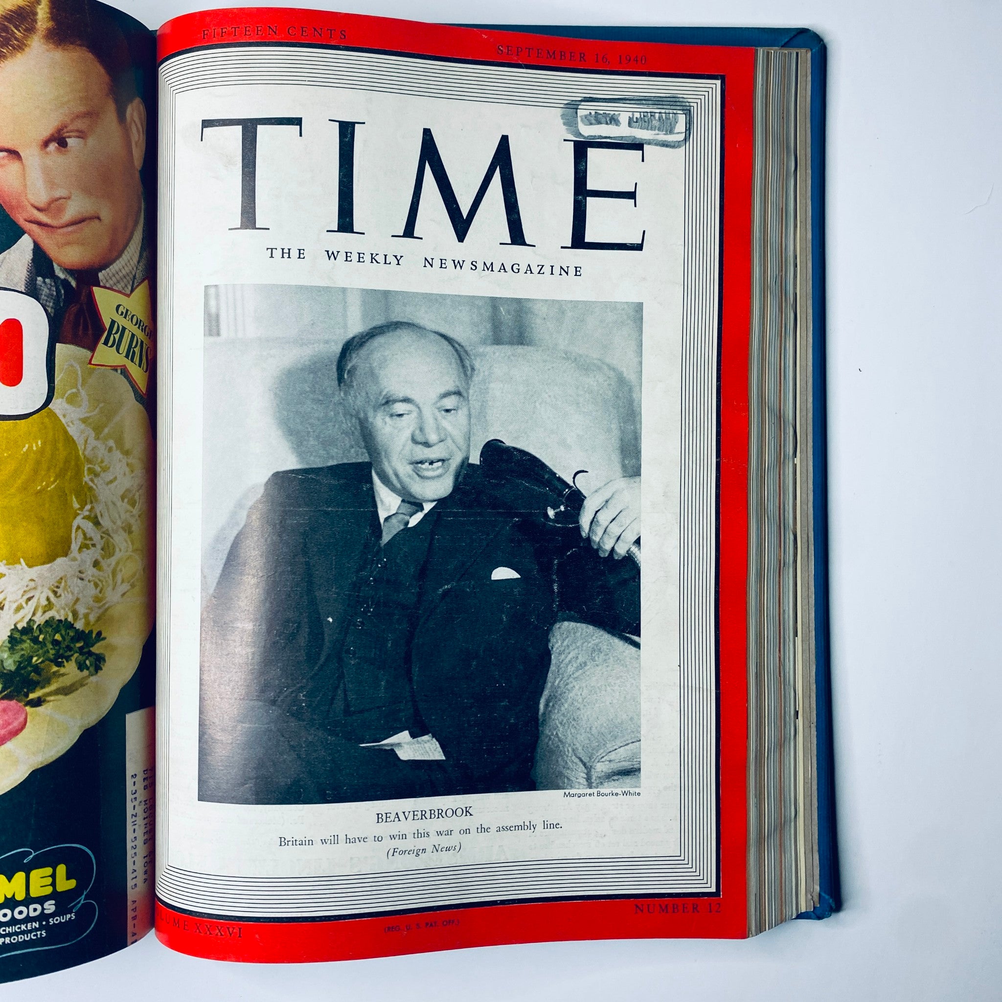 Time Magazine Library Bound July 1, 1940 - September 30, 1940 Winston Churchill, showcasing Lord Beaverbrook on the cover, dated September 16, 1940.