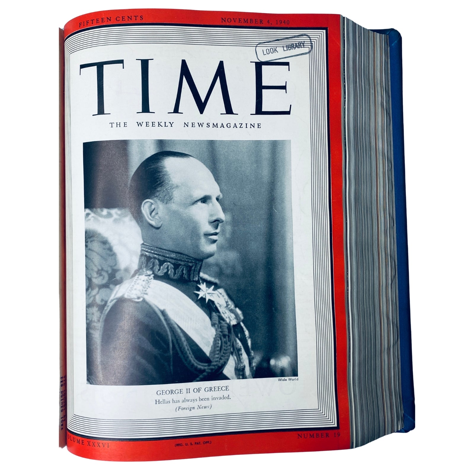 Cover of Time Magazine Library Bound Weekly, November 4, 1940, featuring George II of Greece, showcasing historical significance with a stamp labeled 'Look Library'.