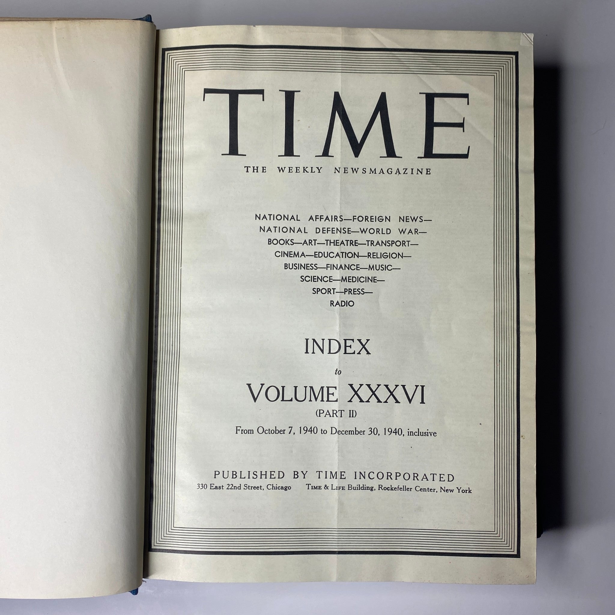 Index page from Time Magazine Library Bound Weekly highlighting the topics covered from October 7 to December 30, 1940.