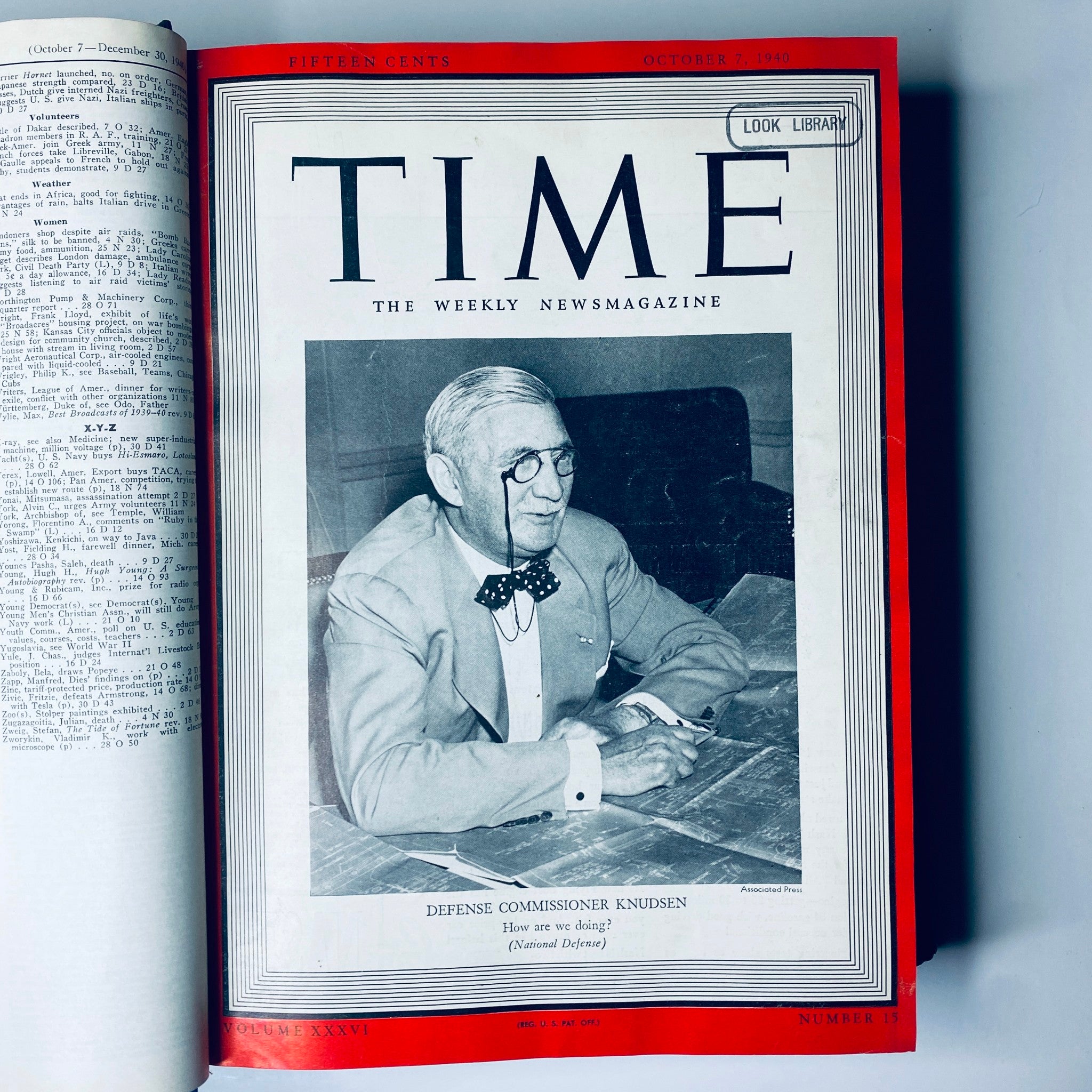 Front cover of Time Magazine Library Bound Weekly, featuring Defense Commissioner Knudsen from the issue dated October 7, 1940.